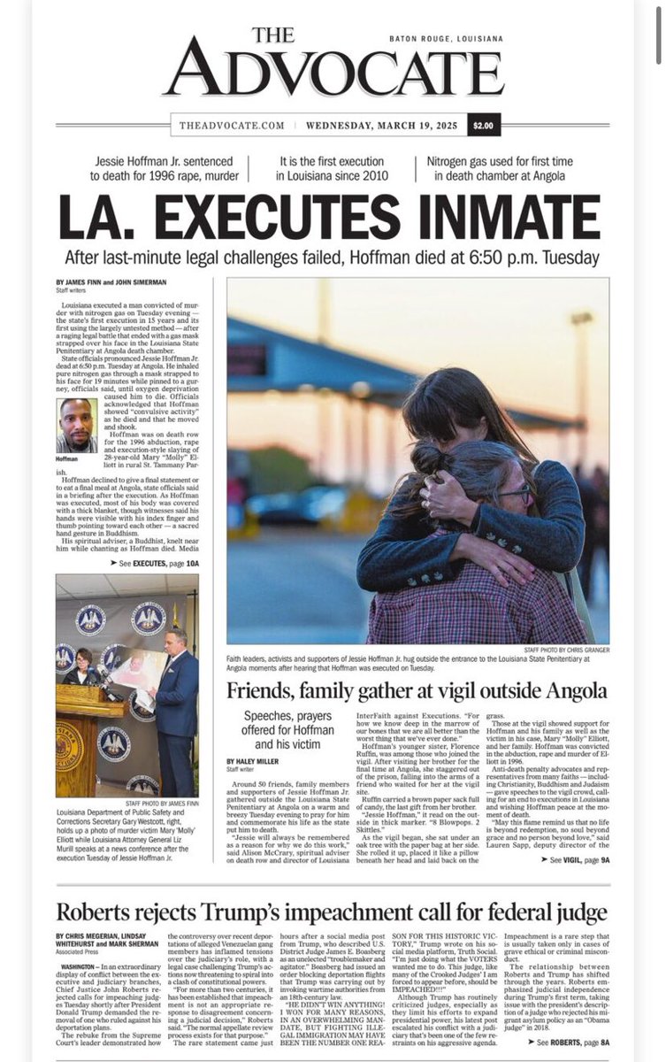 Today’s front pages of <a href="/NOLAnews/">NOLA.com</a> and <a href="/theadvocatebr/">The Advocate</a> after Louisiana’s first execution in 15 years and first using nitrogen gas. So grateful for our team of reporters, photographers, copy editors, digital crew &amp; all others who made this happen on deadline last night.