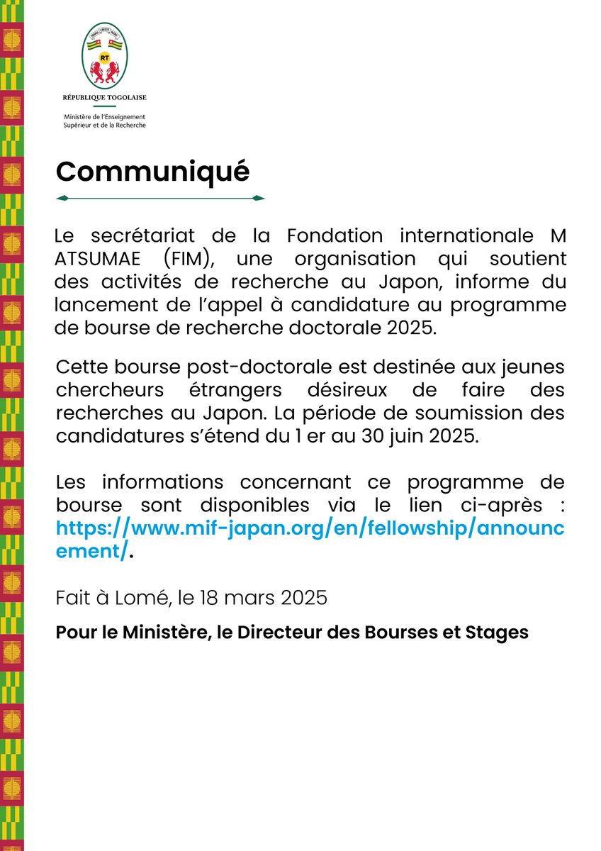 MESR_Tg's tweet photo. 🎓 Opportunité de bourse 🌍✨

De nouvelles offres de bourses sont disponibles ! Découvrez les opportunités et conditions à travers les communiqués officiels. https://t.co/X50z4x8ExR