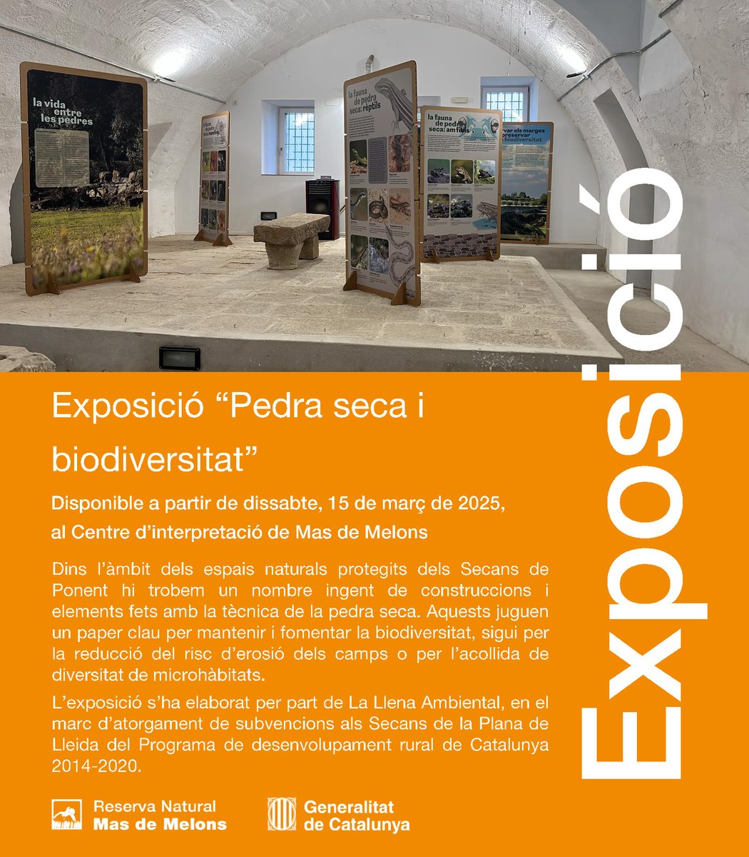 📢 Des del 15 de març teniu disponible l'exposició "Pedra seca i biodiversitat" al 📍Centre d'interpretació de Mas de Melons 😍

🕐 L'horari d'obertura del CI de Mas de Melons és:
Dissabte de 9 a 14 h i diumenge i festius de 10 a 14 h

Us hi esperem 😃
<a href="/leaderponent/">Leader Ponent</a> <a href="/trenca_org/">Trenca</a>