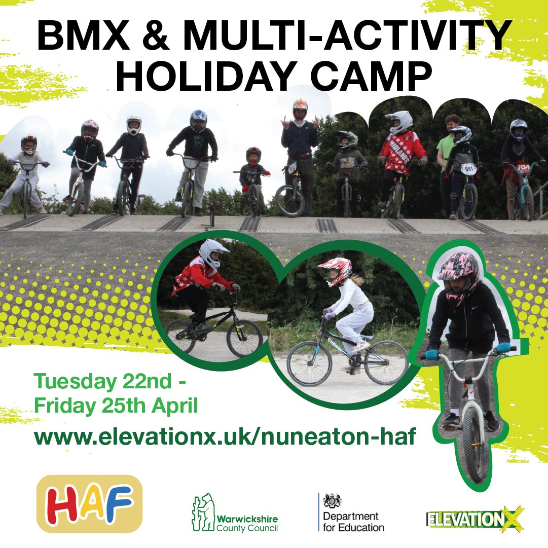 Join us this Easter on the Nuneaton HAF Holiday Camp. Young people will be coached by BMX professionals to learn all about racing on a BMX track, along with other games, activities and good food!

Registration open: elevationx.uk/nuneaton-haf

#HAF2025 #HAF #holidayactivities