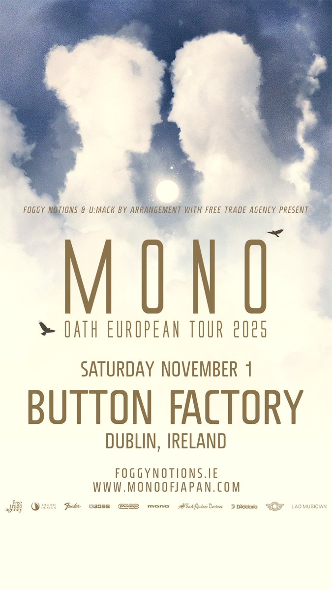 Foggy Notions (@foggynotions) on Twitter photo MONO (of Japan) bring their OATH European Tour to <a href="/ButtonFactory22/">Button Factory</a> November 1st 2025.
Tickets on general sale Friday March 21st 10am. Foggy Notions subscriber pre sale happening now.
ticketmaster.ie/mono-dublin-01…
<a href="/monoofjapan/">MONO (Japan)</a> <a href="/umackDublin/">u:mack</a> MONO (of Japan) bring their OATH European Tour to <a href="/ButtonFactory22/">Button Factory</a> November 1st 2025.
Tickets on general sale Friday March 21st 10am. Foggy Notions subscriber pre sale happening now.
ticketmaster.ie/mono-dublin-01…
<a href="/monoofjapan/">MONO (Japan)</a> <a href="/umackDublin/">u:mack</a>