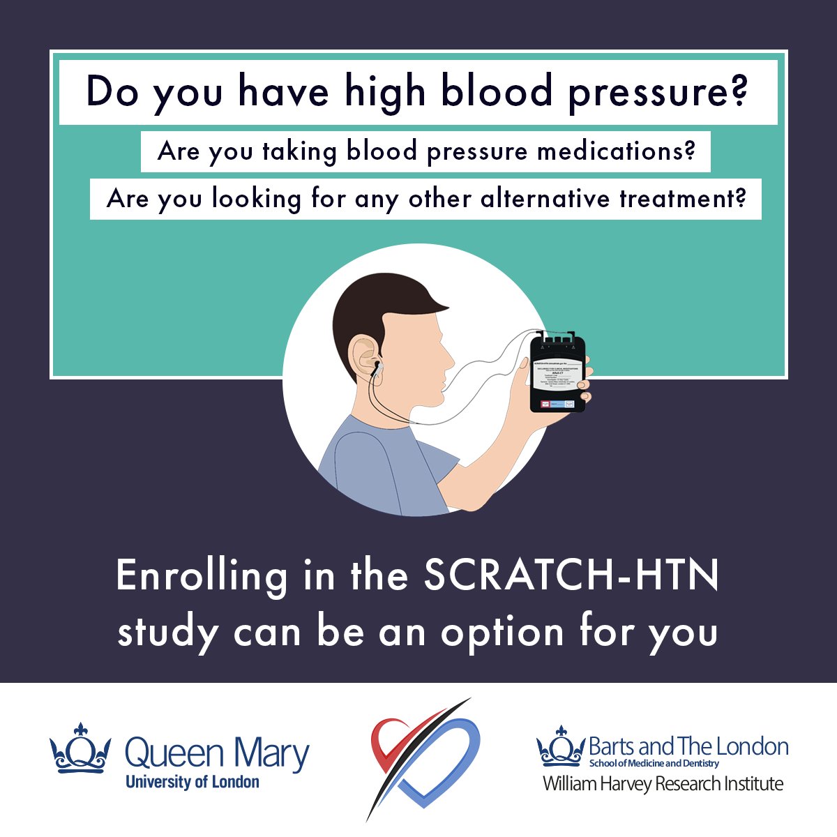The SCRATCH-HTN study is testing a new, novel device which we hope may help to lower blood pressure. Are you aged 18 -79 years, with a home blood pressure of 140/90mmHg? Are you on blood pressure medication ? If so, you may be eligible to join our study.  

(1/2)