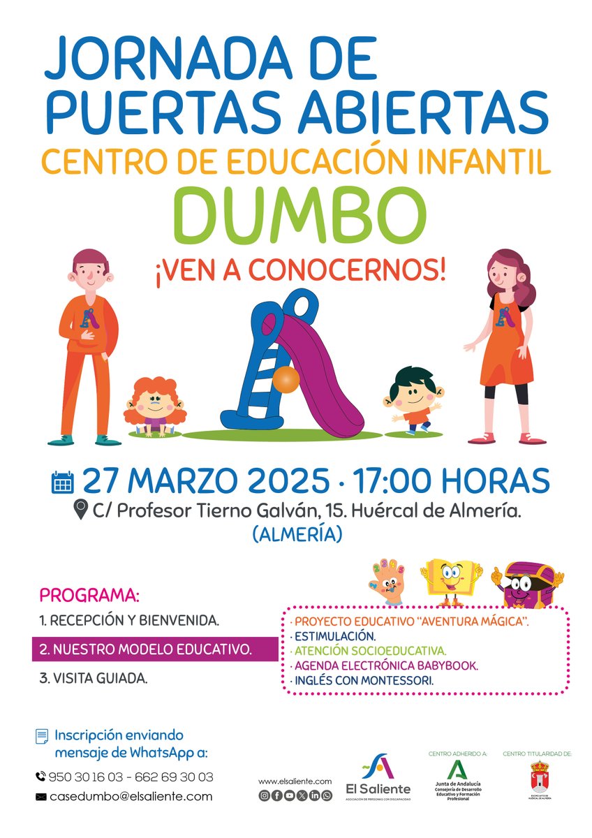 📢 ¡Jornada de Puertas Abiertas en el Centro de Educación Infantil DUMBO! 🎈✨
¿Buscas un espacio de aprendizaje, estimulación, innovación y educación en valores para tu hijo o hija de 0 a 3 años? ¡Ven a conocernos! 👶🎨