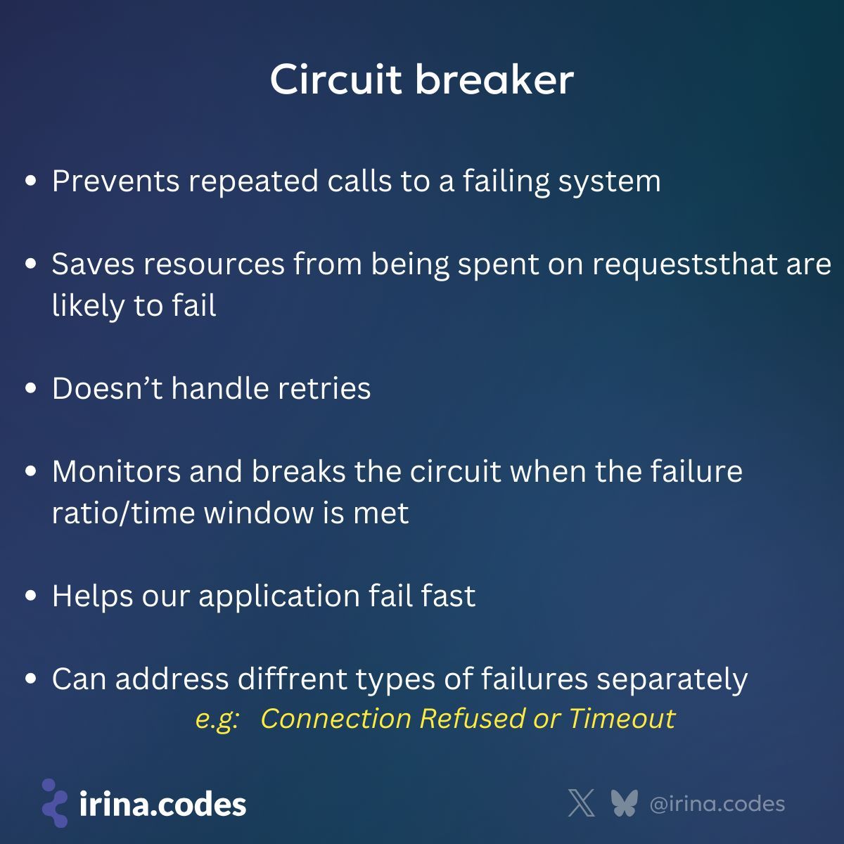 irina_scurtu's tweet image. Circuit Breaker Pattern 🔧
When services fail, resilient architecture ensures your system doesn’t collapse. Helps prevent repeated failures, improves system stability.
#SoftwareArchitecture #CircuitBreaker #Resilience #Microservices #DevOps #dotnet
