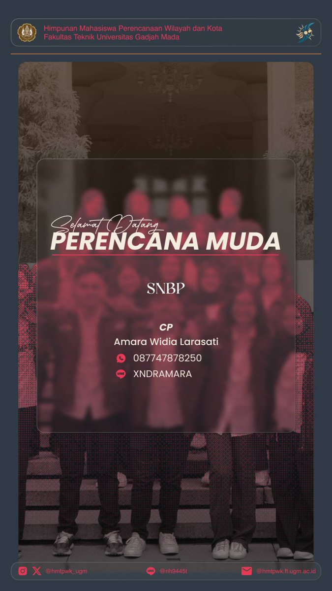 HMTPWK_UGM's tweet photo. [SELAMAT DATANG PERENCANA MUDA]

Bagi teman-teman yang lolos seleksi SNBP 2025 di PWK UGM harap menghubungi CP yang tertera ya! 
__________________________
Kabinet Sandyaloka Megantara
HMTPWK UGM
2024/2025 https://t.co/87sieSLQh6