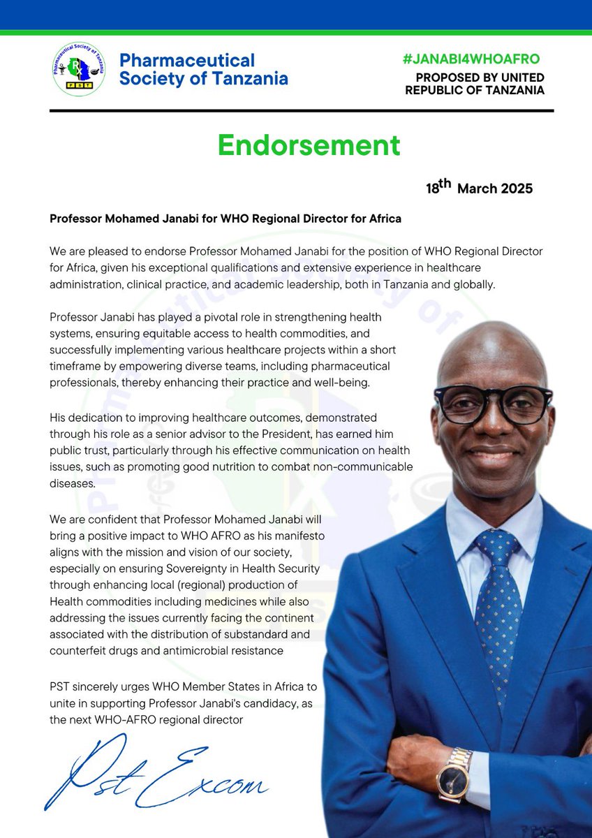 We are pleased to show our confidence and endorsement to Prof. Janabi @moddyyakubu as he bid for position of WHO Afro Director.

All the best