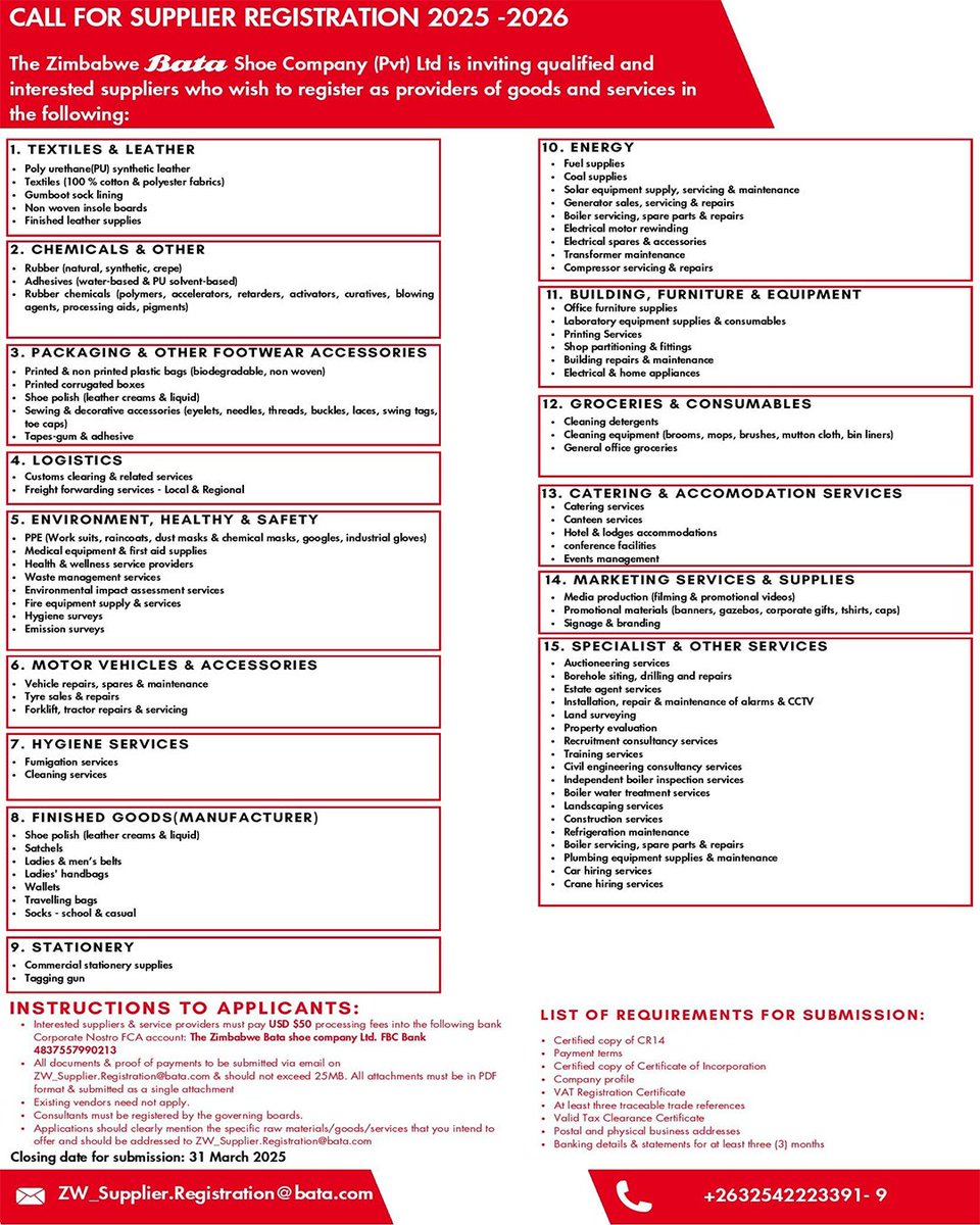 Calling suppliers to register as Bata 2025-2026 suppliers.