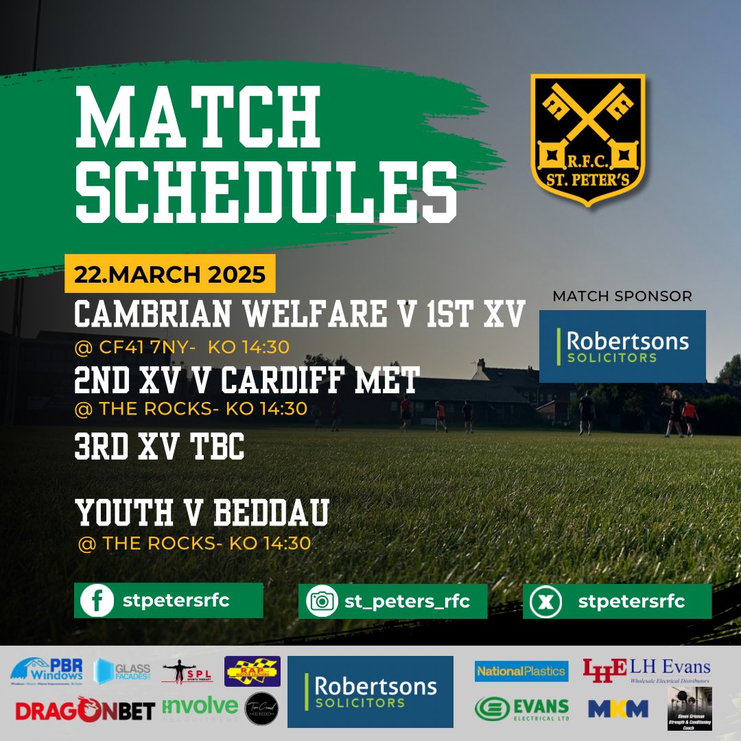 St. Peters RFC (@stpetersrfc) on Twitter photo The Rocks are back on this week, the youth and 2nds with two big league clashes and the 1st away against Cambrian.
Get down and support the Rocks ๐๐ค
<a href="/StPetersYouth3/">St Peters RFC Youth</a>
<a href="/StPetersMandJ/">St Peters RFC Minis & Juniors</a> The Rocks are back on this week, the youth and 2nds with two big league clashes and the 1st away against Cambrian.
Get down and support the Rocks ๐๐ค
<a href="/StPetersYouth3/">St Peters RFC Youth</a>
<a href="/StPetersMandJ/">St Peters RFC Minis & Juniors</a>