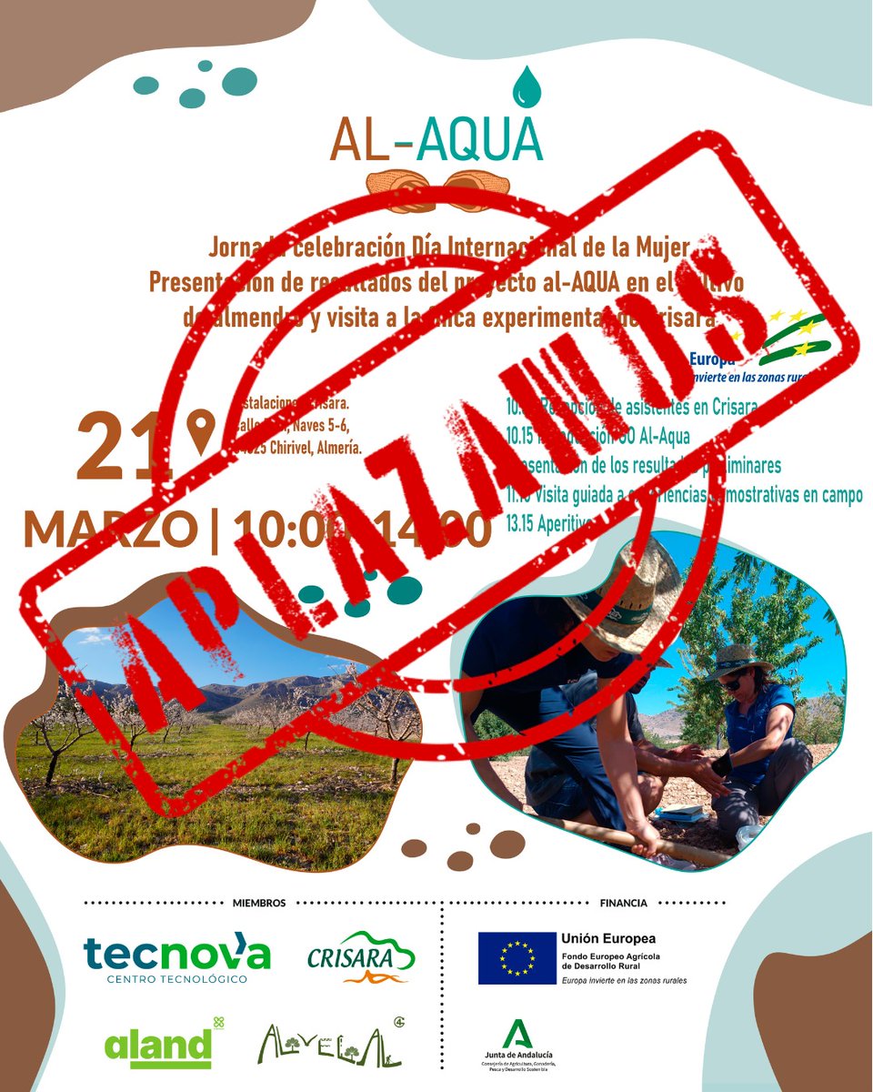 La jornada de campo del Grupo Operativo AL-AQUA, prevista para el 21 de marzo, queda pospuesta debido a las lluvias y a la previsión de más agua en los próximos días. Pronto anunciaremos nueva fecha, ¡atención a nuestras redes!