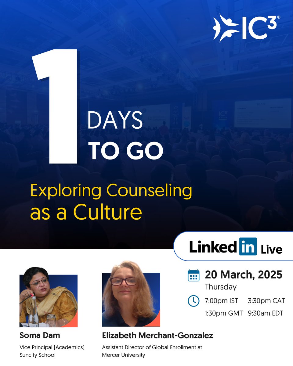 IC3 Movement (@ic3movement) on Twitter photo Tomorrow, we go LIVE with an exciting LinkedIn Live session on "Counseling as a Culture," the 2025 IC3 Annual Conference & Expo theme!
Register now: ic3movement.com/annual-ic3-con…
#IC3Movement #CounselingAsACulture #LinkedInLive #2025IC3Conference #StudentSuccess Tomorrow, we go LIVE with an exciting LinkedIn Live session on "Counseling as a Culture," the 2025 IC3 Annual Conference & Expo theme!
Register now: ic3movement.com/annual-ic3-con…
#IC3Movement #CounselingAsACulture #LinkedInLive #2025IC3Conference #StudentSuccess