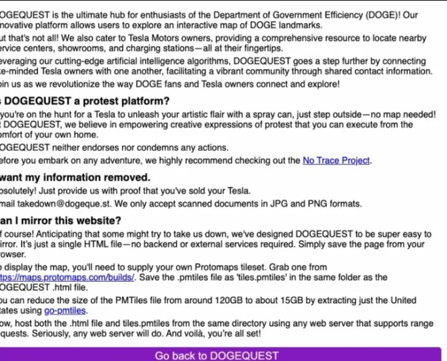 Segundo o The New York Post, um site chamado “Dogequest” teria publicado os nomes, endereços e números de telefone dos proprietários de Tesla nos EUA, bem como um mapa interativo com ícones de coquetel Molotov.

O site afirma que só removerá os dados pessoais dos proprietários
