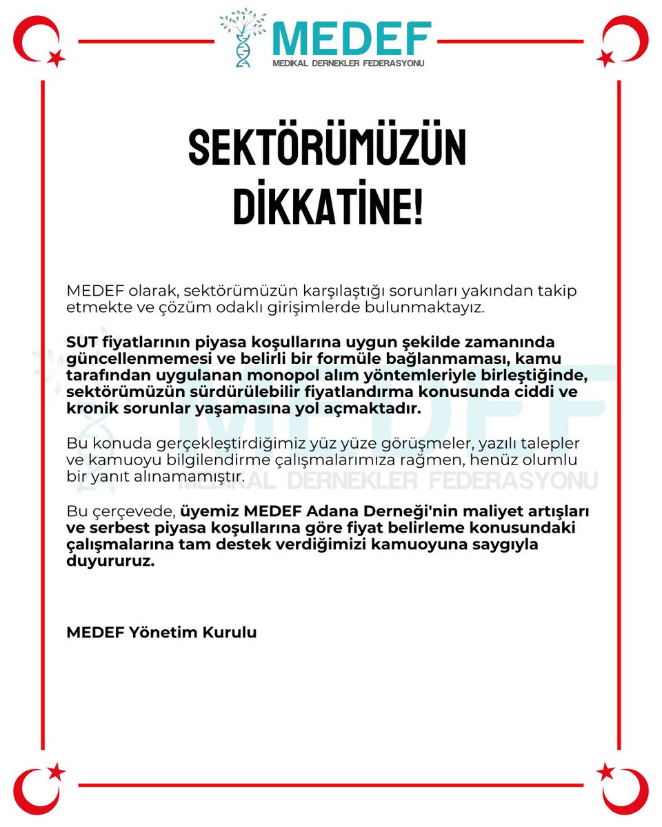SEKTÖRÜMÜZÜN DİKKATİNE!

MEDEF olarak, sektörümüzün karşılaştığı sorunları yakından takip etmekte ve çözüm odaklı girişimlerde bulunmaktayız.

#MEDEF #MedikalSektör #SağlıktaAdalet #SUTFiyatları #MedikalTedarik #SağlıktaDenge #FiyatlandırmaAdaleti #TıbbiCihaz #SağlıkEkonomisi