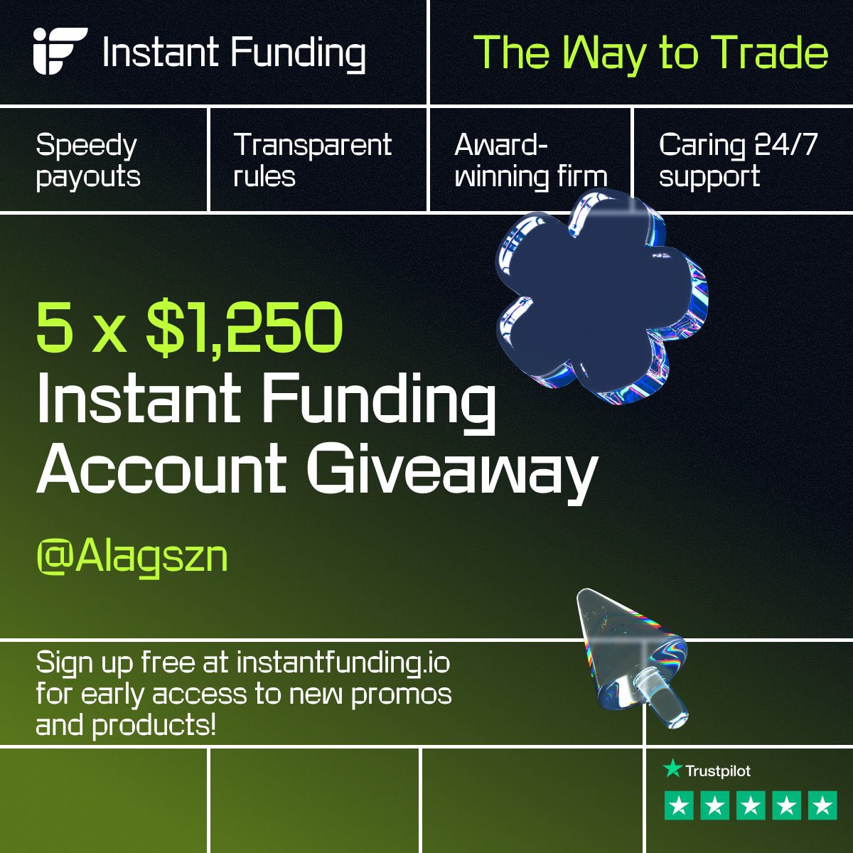 Alag_X's tweet photo. 5x $1.250 Instant Funding account giveaway with @InstantFunding_ !
Make sure to:
⚡ Like and retweet this post
⚡ Follow @InstantFunding_ , @Alagszn , @LewisM_IF

Winners will be announced on March 26th!
Follow to be eligible to win!

Join Discord for more giveaways and competitions! https://t.co/Xnq8zIIgOK

They have a promotion for Instant Funding accounts!
https://t.co/PSDAF5O1Vi