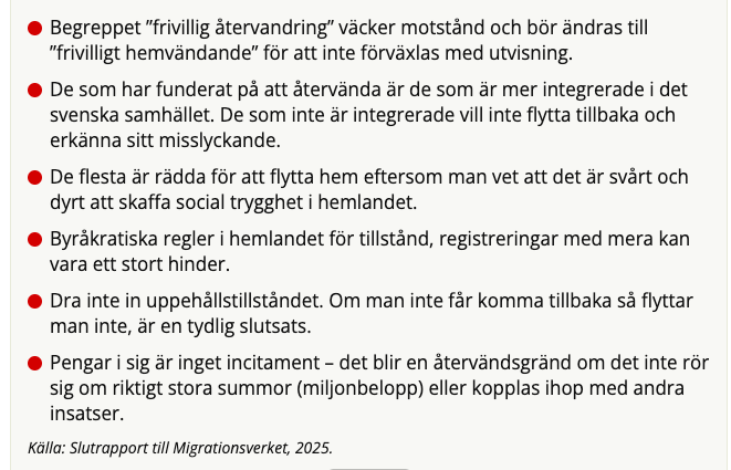 HerrHusis's tweet photo. Några reflektioner kring Migrationsverkets slutrapport om frivillig återvandring:

1. Som jag tidigare påpekat är pengar sällan den avgörande faktorn för om någon väljer att återvända. Ingen kommer frivilligt att lämna ett högteknologiskt välfärdsland för att flytta tillbaka till ett utvecklingsland, särskilt inte när man här kan leva i egna enklaver utan större kontakt med majoritetssamhället.

2. Ett svenskt uppehållstillstånd är oerhört värdefullt för många av dessa personer. Det borde vi dra nytta av, särskilt i arbetet mot brottslighet. Uppehållstillstånd bör kunna återkallas vid all form av brott, och det borde även ses över om hela familjer kan påverkas om en person begår systemhotande brott, som till exempel gängkriminalitet.

3. Om man på allvar vill att fler ska återvända måste man gå på de faktorer som gör att människor vill stanna kvar. Det handlar bland annat om det omfattande bidragssystemet och möjligheten att leva på skattebetalarnas pengar, förbjuda utländsk finansiering av moskéer, införa slöjförbud på offentliga platser samt dra in bidragen till etniska/religiösa föreningar.

Det mest frustrerande i allt detta är att situationen vi befinner oss i hade kunnat undvikas. Det här är inte konsekvenser av slumpen, utan av medvetna beslut från makthavare som antingen saknat kompetens eller helt enkelt önskat att få detta utfall.