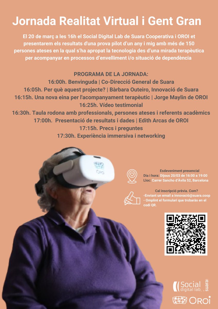 suaracoop's tweet photo. 🗓️ Demà a partir de les 16:00 hores tenim una jornada conjunta amb l'start-up basca Oroi per explicar-vos els resultats d'una prova pilot per emprar la #RealitatVirtual en l'atenció domiciliària.
👇Aquí tota la info. Us hi esperem!
#SocialDigitalLab #SuaraInnovació https://t.co/X6xcF5ihrE