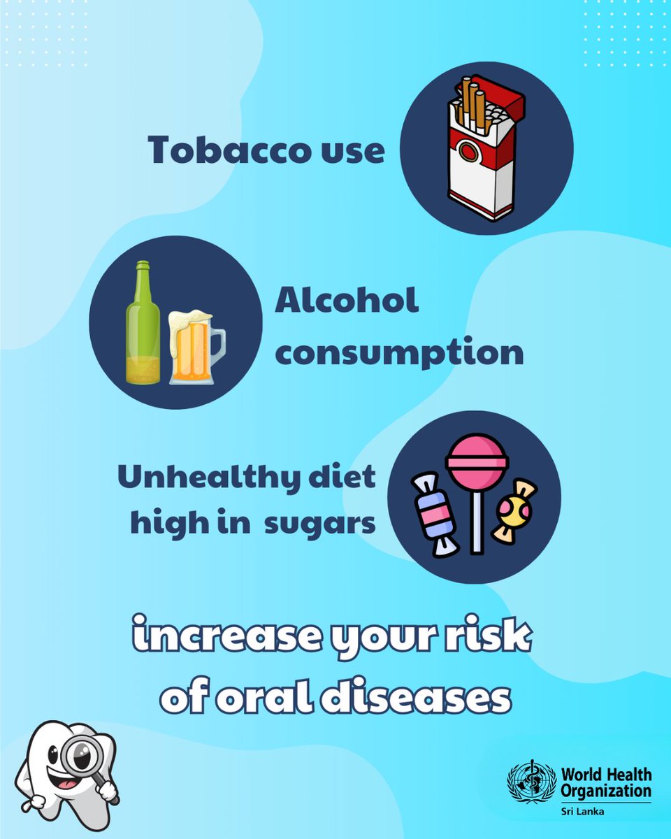 WHOSriLanka's tweet photo. Did you know? 🤔 

Tobacco use, alcohol consumption, and an unhealthy diet high in sugars can all increase your risk of oral diseases. 

Protect your smile by making healthier choices today! #OralHealth #DentalCare #OralDisease https://t.co/bMfj94jOfO