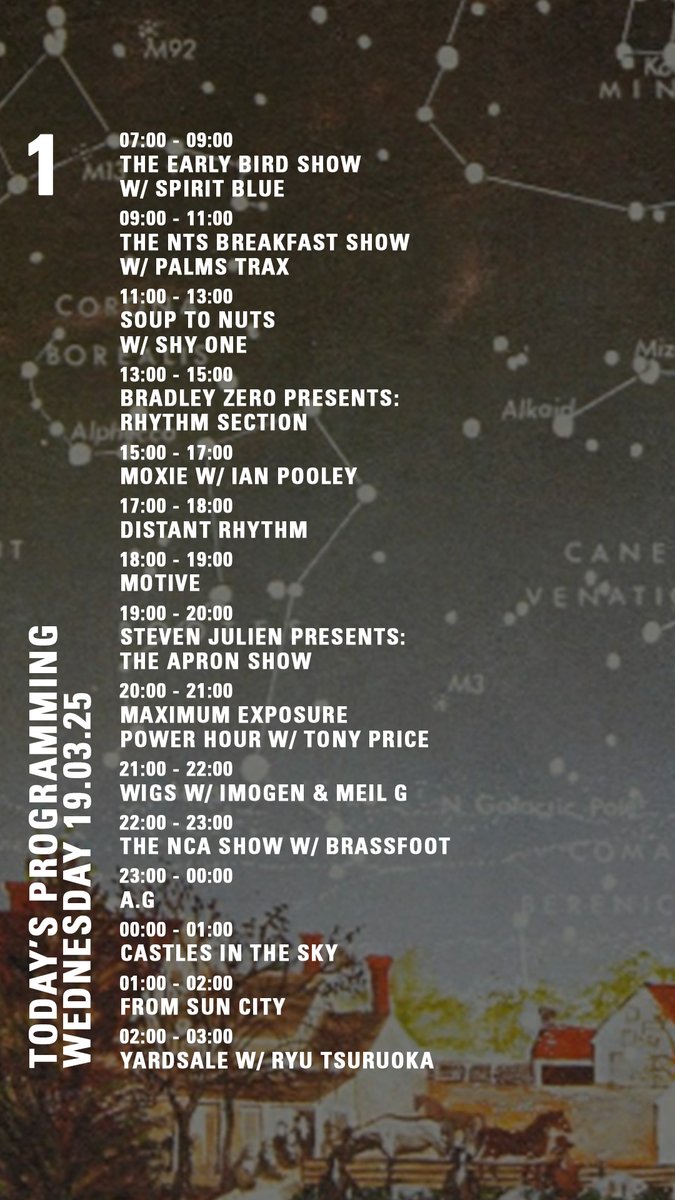 today on nts.live/1
<a href="/DJMoxie/">DJ Moxie</a> <a href="/TheoMotive/">Theo / Motive</a> <a href="/ApronRecords/">Apron Records</a> <a href="/Brassfoot/">Brassfoot</a> <a href="/Ayy_G/">A.G NOT AG.</a> <a href="/from_sun_city/">fromsuncity</a>