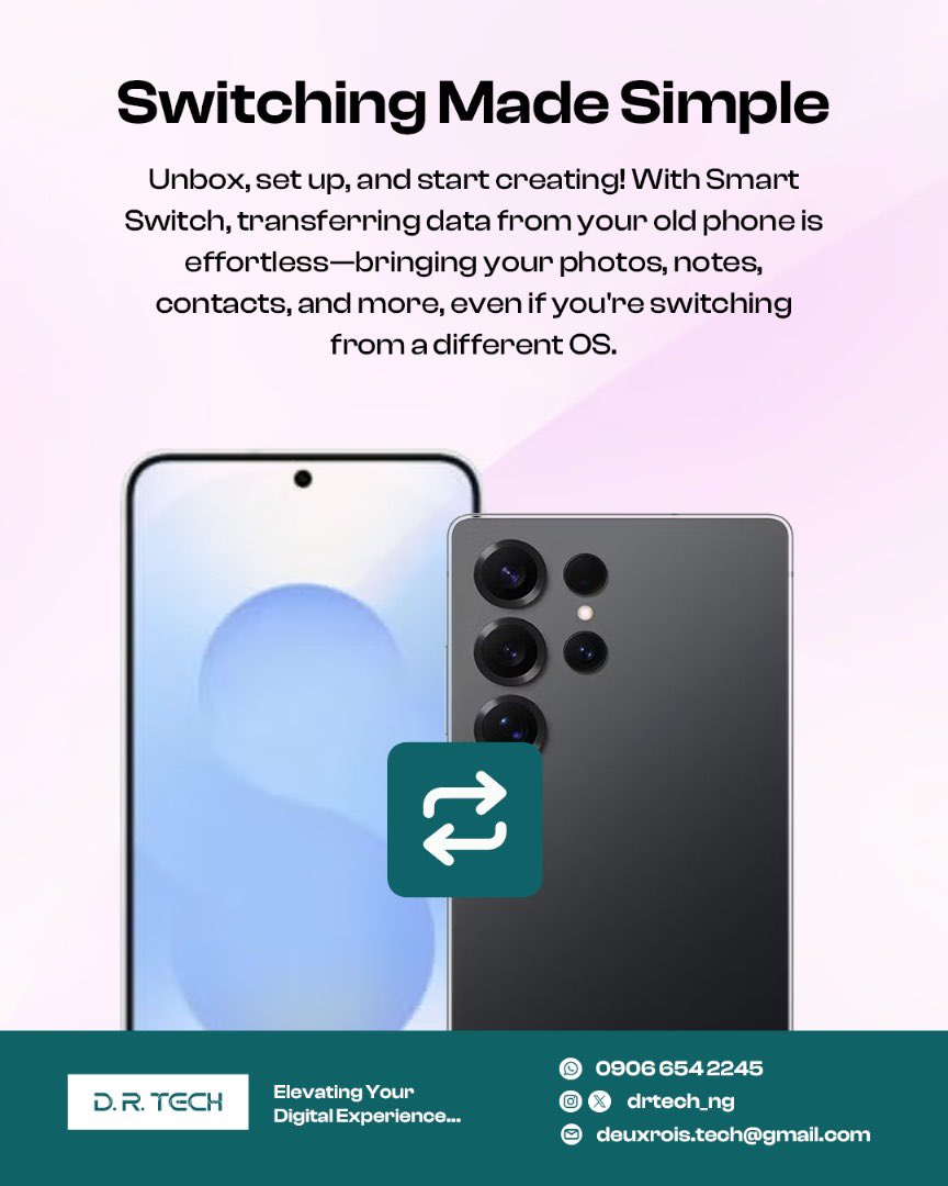 Switching phones just got way easier! 📲

With Smart Switch, you can seamlessly transfer your photos, contacts, notes, and more—no data loss, no stress, and no platform restrictions. Upgrade with no hassle! 

When are you switching to the new Samsung S25 series? 👀

#DRTech