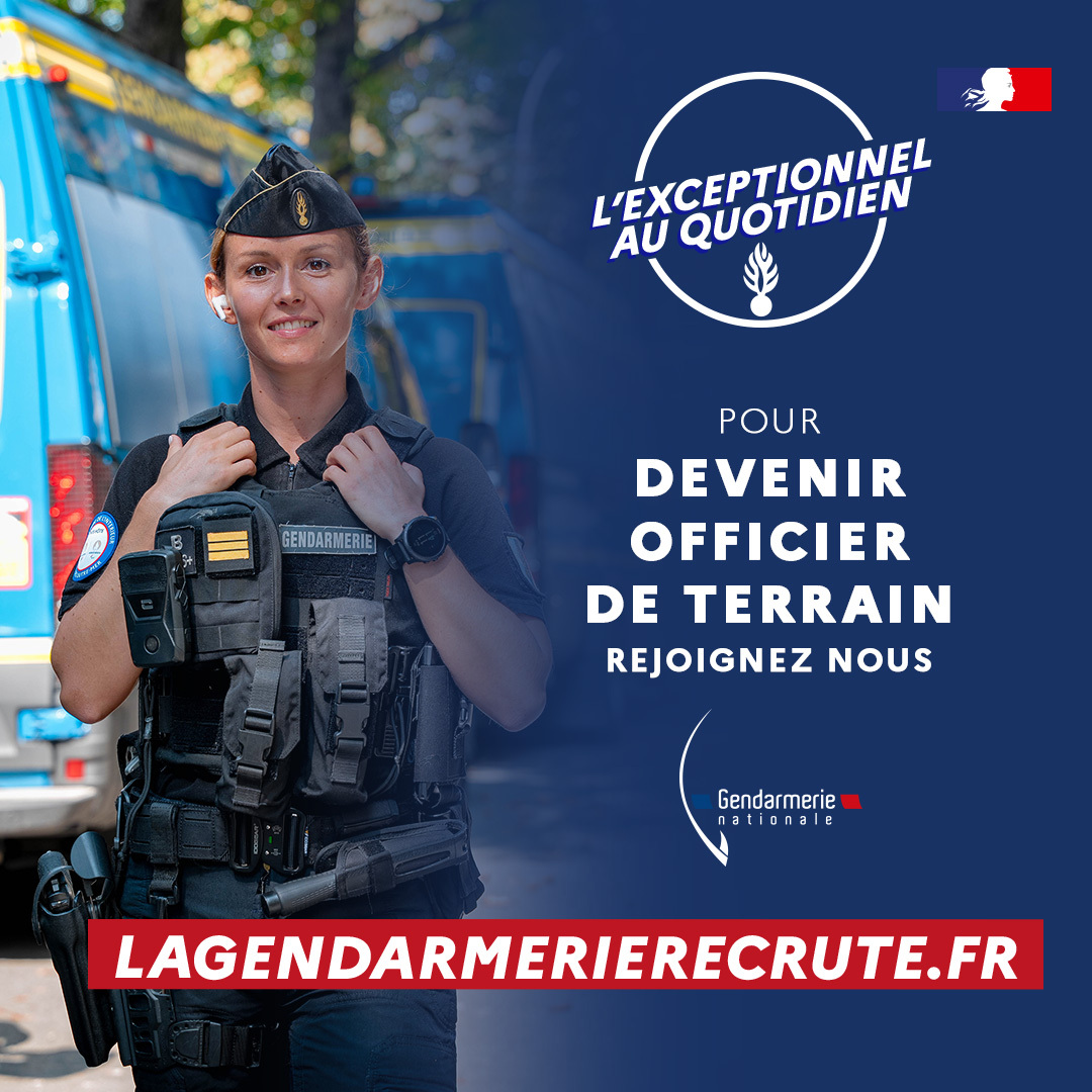 🔵⚪🔴 #Recrutement | Devenez Officier de Gendarmerie !

➡ 12.000 gendarmes recrutés chaque année. Pourquoi pas vous ?

👉 Découvrez le métier d'officier de gendarmerie sur : gendarmerie.interieur.gouv.fr/recrutement/

#LaGendarmerieRecrute #GendarmerieNationale