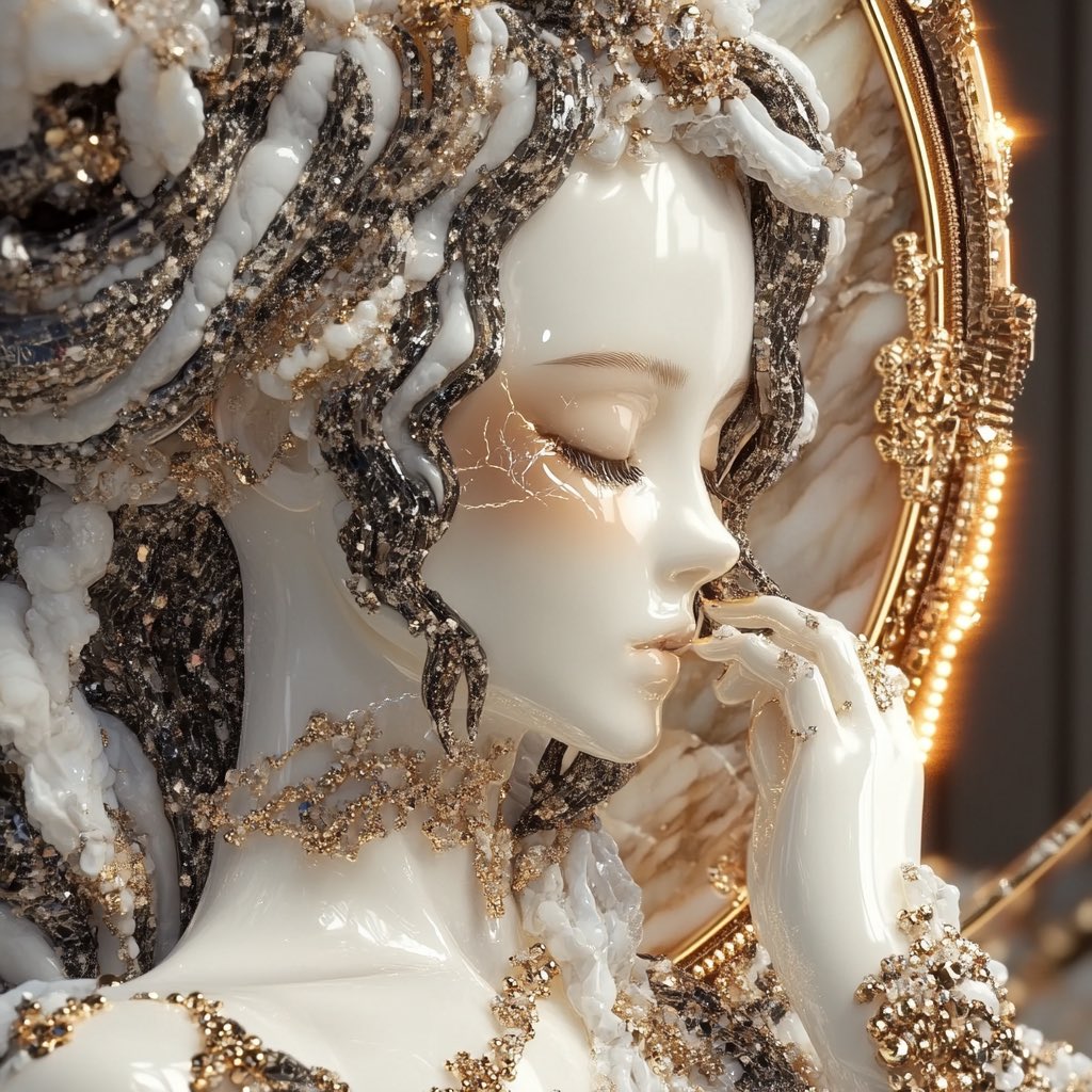 joyvelaio's tweet photo. 🪞 A Reflection of Eternal Grace 🪞  
Carved from pristine white marble, her golden veins weave a tale of timeless beauty. Adorned with intricate details, she gazes into the mirror of eternity, where elegance meets artistry. ✨💛  
What secrets does her reflection hold?  
#MarbleMuse #GoldenElegance #TimelessArt #SculptedBeauty #ReflectionsOfGrace #xAIArt