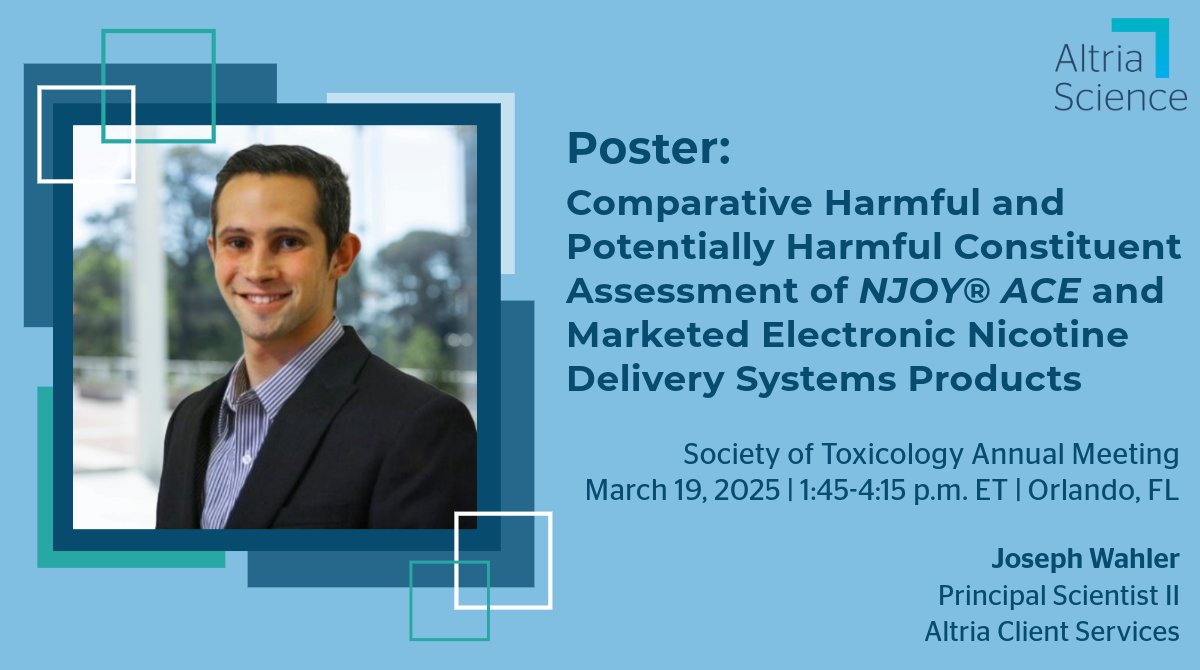 Altria Science (@altriascience) on Twitter photo Later today, Joseph will be sharing his poster at the <a href="/SOToxicology/">Society of Toxicology</a> Annual Meeting sharing our latest #evapor research.
Couldn’t attend? View his poster at ow.ly/MgWc50VjlKo
#2025SOT Later today, Joseph will be sharing his poster at the <a href="/SOToxicology/">Society of Toxicology</a> Annual Meeting sharing our latest #evapor research.
Couldn’t attend? View his poster at ow.ly/MgWc50VjlKo
#2025SOT