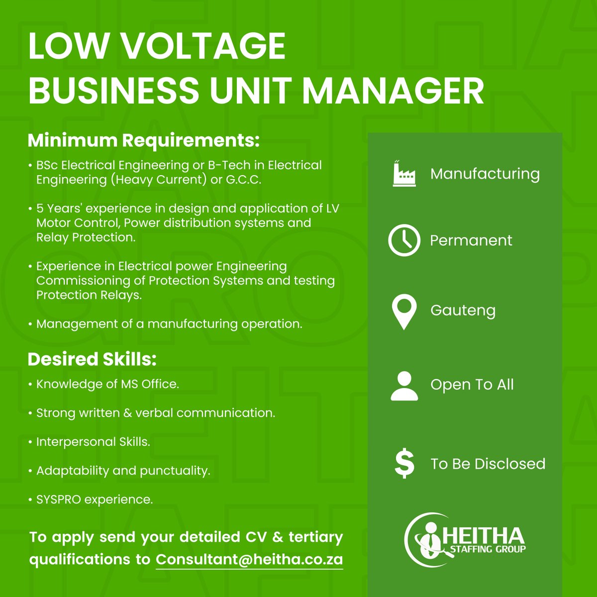 🚨Career Opportunity Alert

Looking for an Low Voltage Business Unit Manager to join a dynamic team! 
Know someone perfect for the role? Tag or share!

📧 consultant@heitha.co.za | 📞 012 443 6459 | 💬 064 543 2497
#HeithaStaffingGroup #LetsGetSAWorking #Hiring #CareerOpportunity