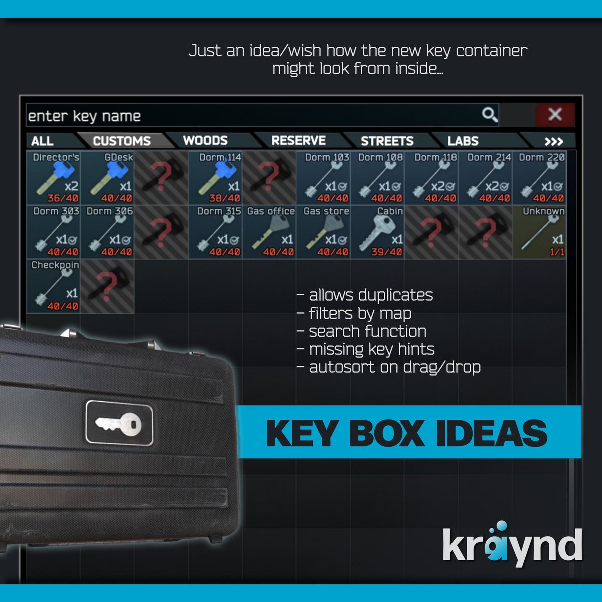 kraynd (@tarkovtips) on Twitter photo Now that we got teased by the image of an upcoming key container - here's how I'd like it to be from the inside <a href="/bstategames/">Battlestate Games</a>
For me, managing keys always felt like a waste of time, so having some convenience functions would be quite awesome. Opinions?
#EscapefromTarkov Now that we got teased by the image of an upcoming key container - here's how I'd like it to be from the inside <a href="/bstategames/">Battlestate Games</a>
For me, managing keys always felt like a waste of time, so having some convenience functions would be quite awesome. Opinions?
#EscapefromTarkov