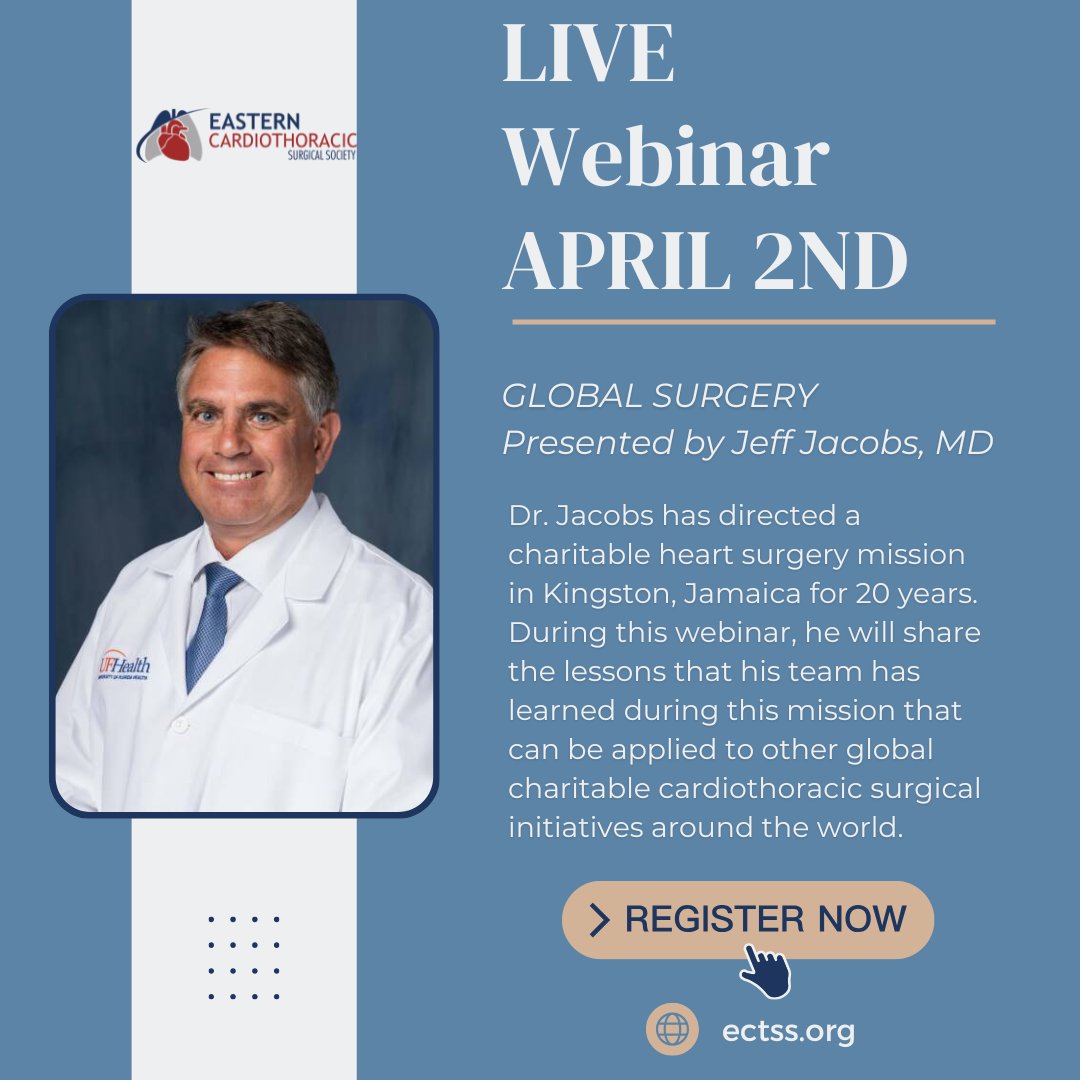 Don't forget to PRE-REGISTER for the GLOBAL SURGERY webinar by Dr. Jacobs on April 2nd! Link to register is on our website ectss.org. #globalsurgery #ctsurgery #freewebinar #cardiacsurgery #Thoracicsurgery #congenitalsurgery