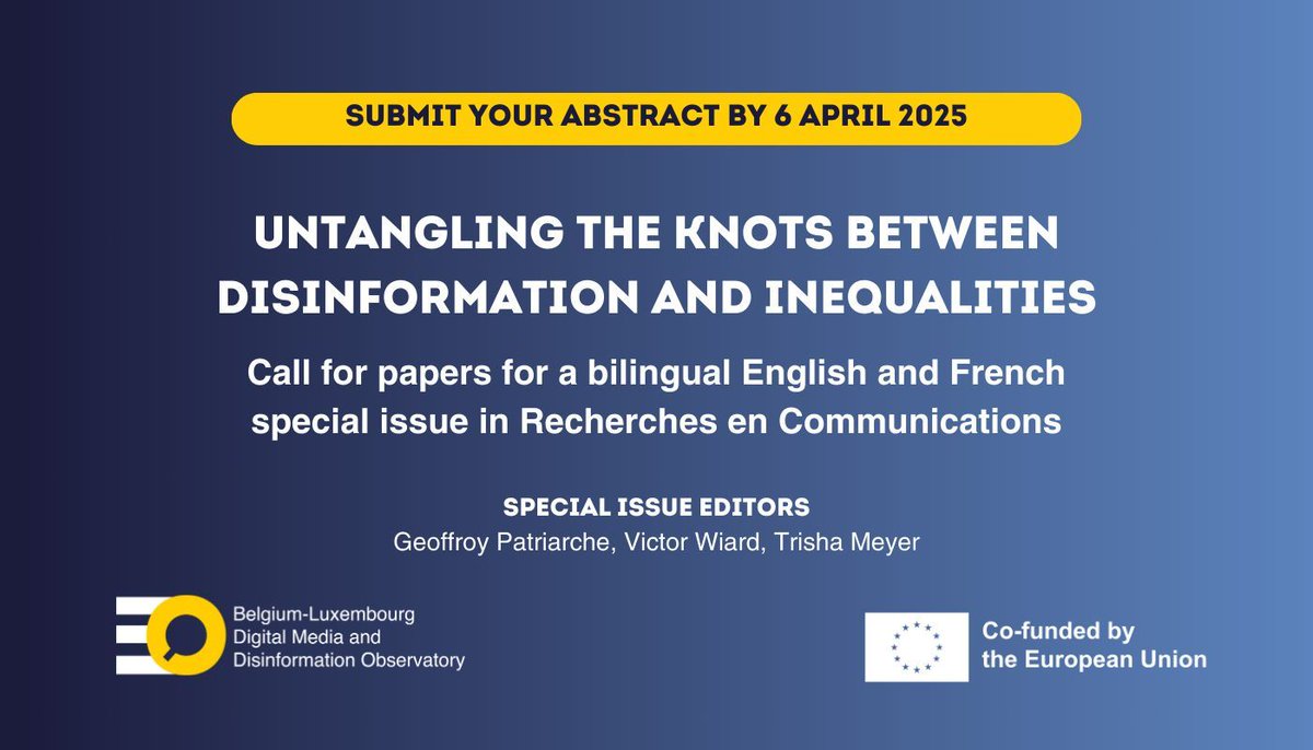 We invite you to submit by 6 April an abstract on "Untangling the knots between disinformation and inequalities" for a bilingual English and French special issue in Recherches en Communication 
buff.ly/418G96m