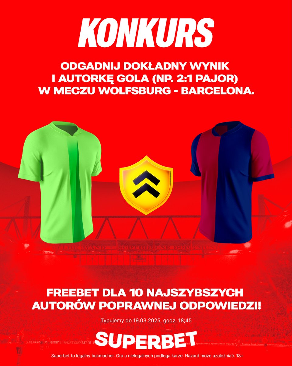 W komentarzach odgadnij dokładny wynik w meczu Ligi Mistrzyń Wolfsburg - Barcelona oraz autorkę gola ⚽️
---
✅ Zaobserwuj <a href="/SuperbetPL/">Superbet</a>
❤️ Polub wpis i 🔄 podaj go dalej 
👤 Dodaj nick z Superbet 
🎁 Nagroda = FREEBET 50 PLN