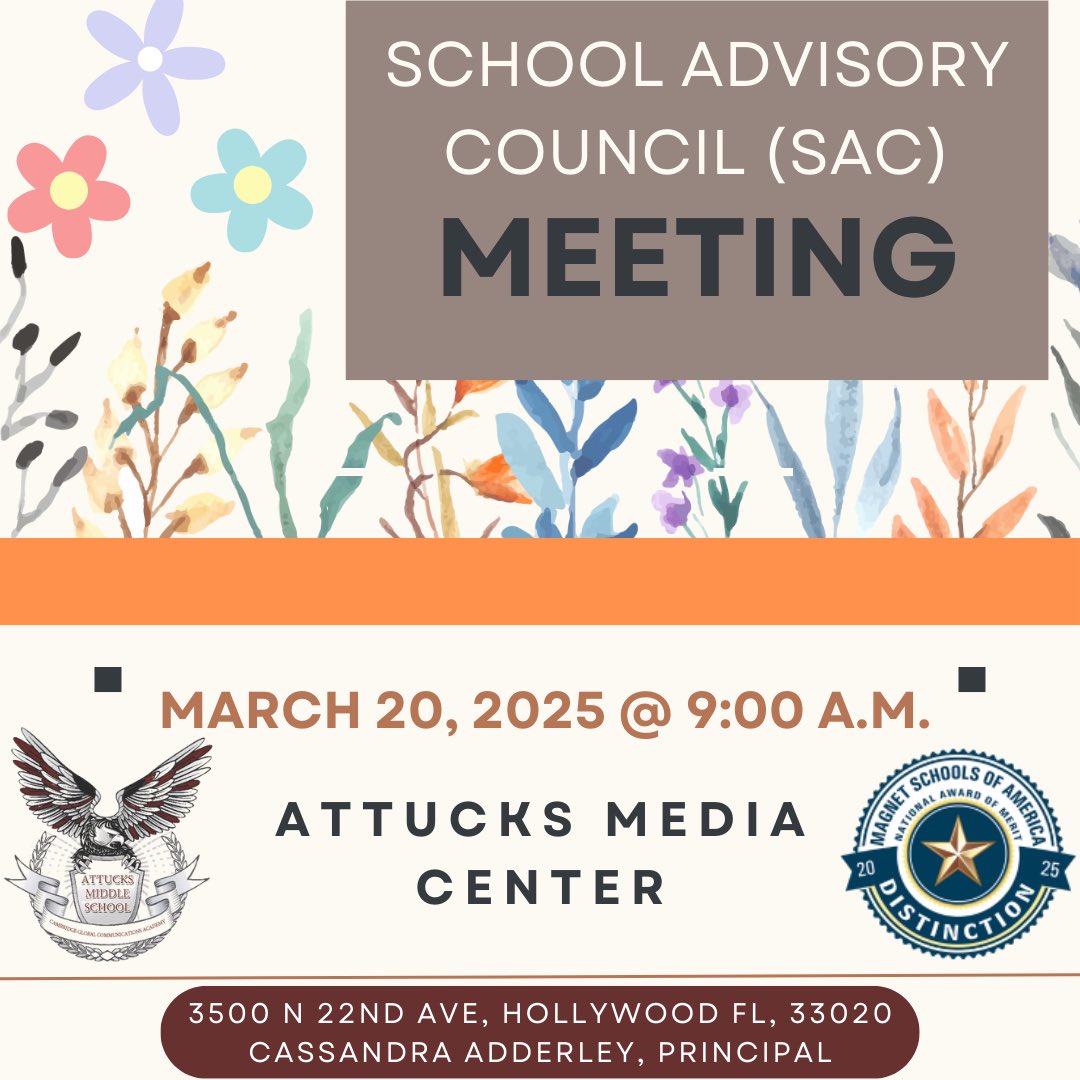 Attucks Middle (@attucksms) on Twitter photo Reminder!!Spring break is around the corner. Before you start the fun; join us for our March School Advisory meeting, March 20 at 9:00 a.m. in the media center <a href="/CassandraAdder2/">Cassandra Adderley</a> <a href="/AlanStraussbcps/">Alan Strauss</a> <a href="/browardschools/">Broward Schools</a> <a href="/DonaldNicolas/">Dr. Donald G. Nicolas</a> <a href="/FatimaWillims/">Fatima Williams, Ed.S.</a> <a href="/BCPS_South/">BCPS South Regional Office</a> Reminder!!Spring break is around the corner. Before you start the fun; join us for our March School Advisory meeting, March 20 at 9:00 a.m. in the media center <a href="/CassandraAdder2/">Cassandra Adderley</a> <a href="/AlanStraussbcps/">Alan Strauss</a> <a href="/browardschools/">Broward Schools</a> <a href="/DonaldNicolas/">Dr. Donald G. Nicolas</a> <a href="/FatimaWillims/">Fatima Williams, Ed.S.</a> <a href="/BCPS_South/">BCPS South Regional Office</a>