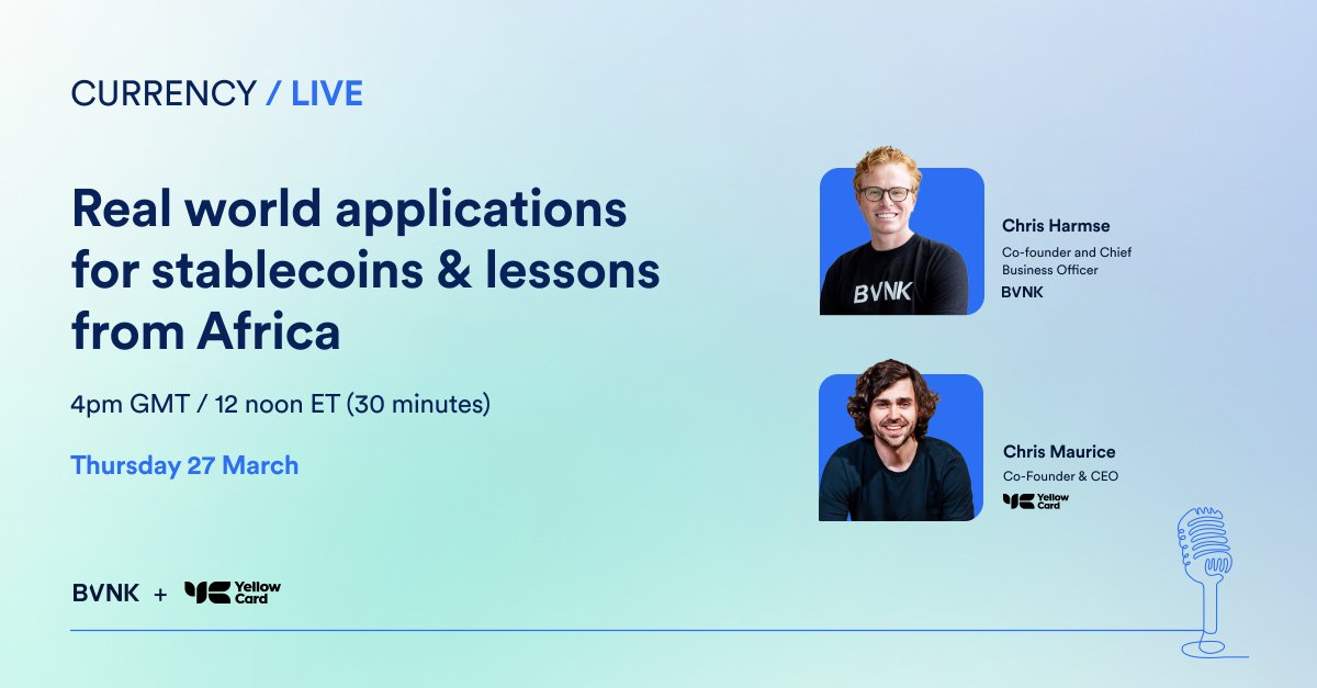 BVNK (@bvnkfinance) on Twitter photo Ever wondered what people are doing with stablecoins beyond trading? Or what in the crypto world a "stablecoin sandwich" is (and why you might want to make one)? 👀
Don't miss our next 🎙️#CurrencyLIVE with <a href="/chrisharmse89/">Chris Harmse</a> and <a href="/yellowcard_app/">Yellow Card</a>'s <a href="/chrismaurice/">Chris Maurice⚜️</a>
📅 Thursday 27 | ⏰ Ever wondered what people are doing with stablecoins beyond trading? Or what in the crypto world a "stablecoin sandwich" is (and why you might want to make one)? 👀
Don't miss our next 🎙️#CurrencyLIVE with <a href="/chrisharmse89/">Chris Harmse</a> and <a href="/yellowcard_app/">Yellow Card</a>'s <a href="/chrismaurice/">Chris Maurice⚜️</a>
📅 Thursday 27 | ⏰