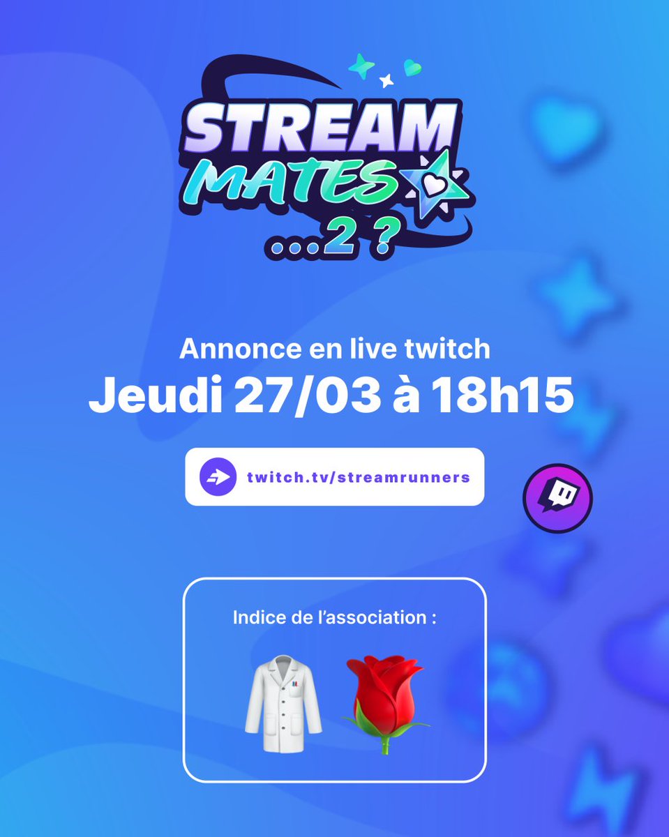 Êtes-vous prêts pour StreamMates... 2 ? 🎉

On vous donne rendez-vous le : Jeudi 27 mars à 18h15
Pour une annonce spéciale en live sur Twitch 🔥

Des idées sur la nouvelle association qui arrive ? 👀