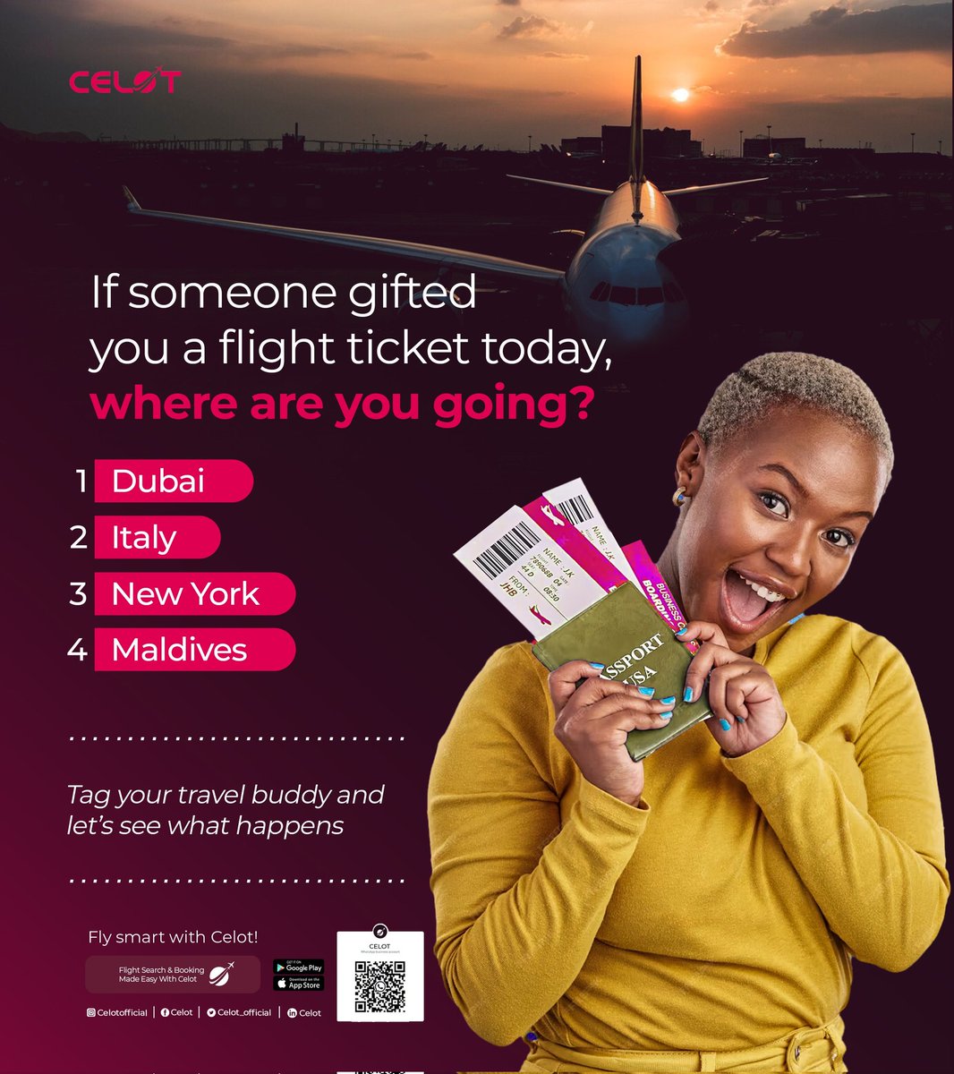 celot_official's tweet photo. Let's know where and tag who you would fly with. ✈️🌍

#celot #flightbookingapp #cheapflights #internationalflightdeals #tagsomeone 
Trend: Wike • Rivers • Purplelekki • Achalugo • Obasanjo https://t.co/kTyA6tmlw8