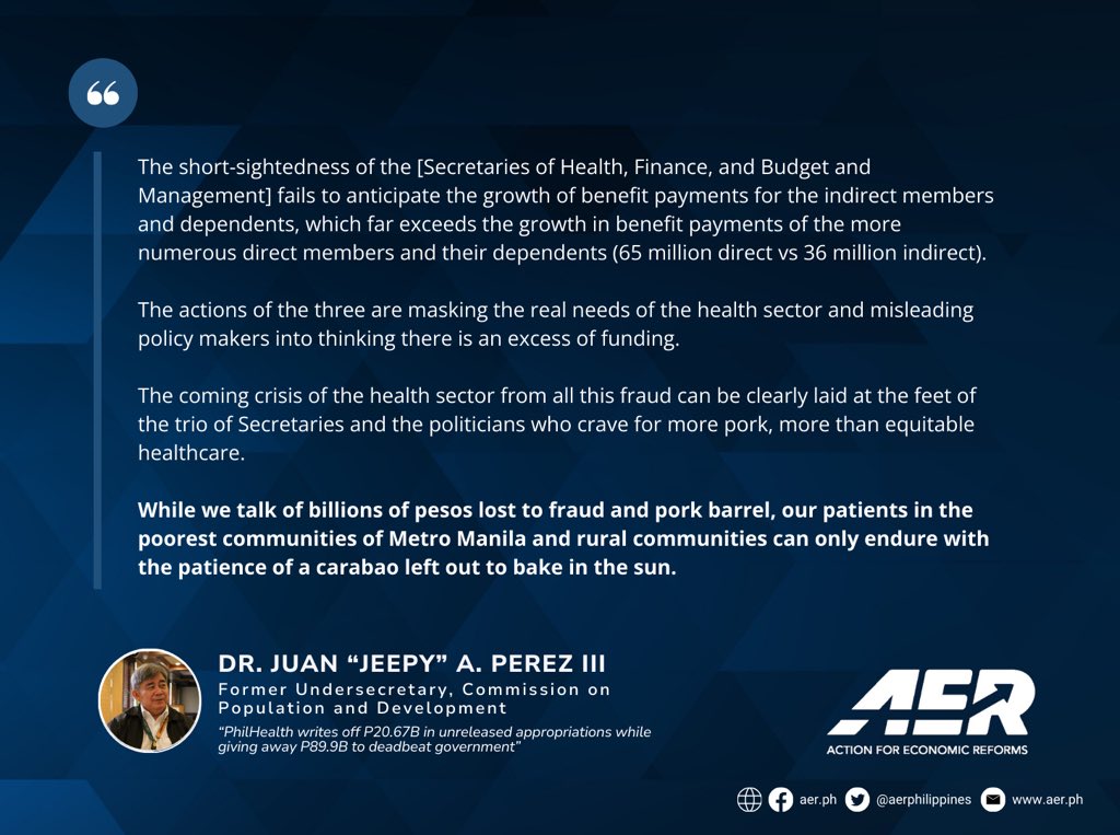 aerphilippines's tweet photo. Highlighting PhilHealth’s Financial Mismanagement

P20.67 billion was written off in unreleased appropriations by PhilHealth, with the Department of Budget and Management withholding P77.11 billion. (1/3) https://t.co/YA4JijOGj4