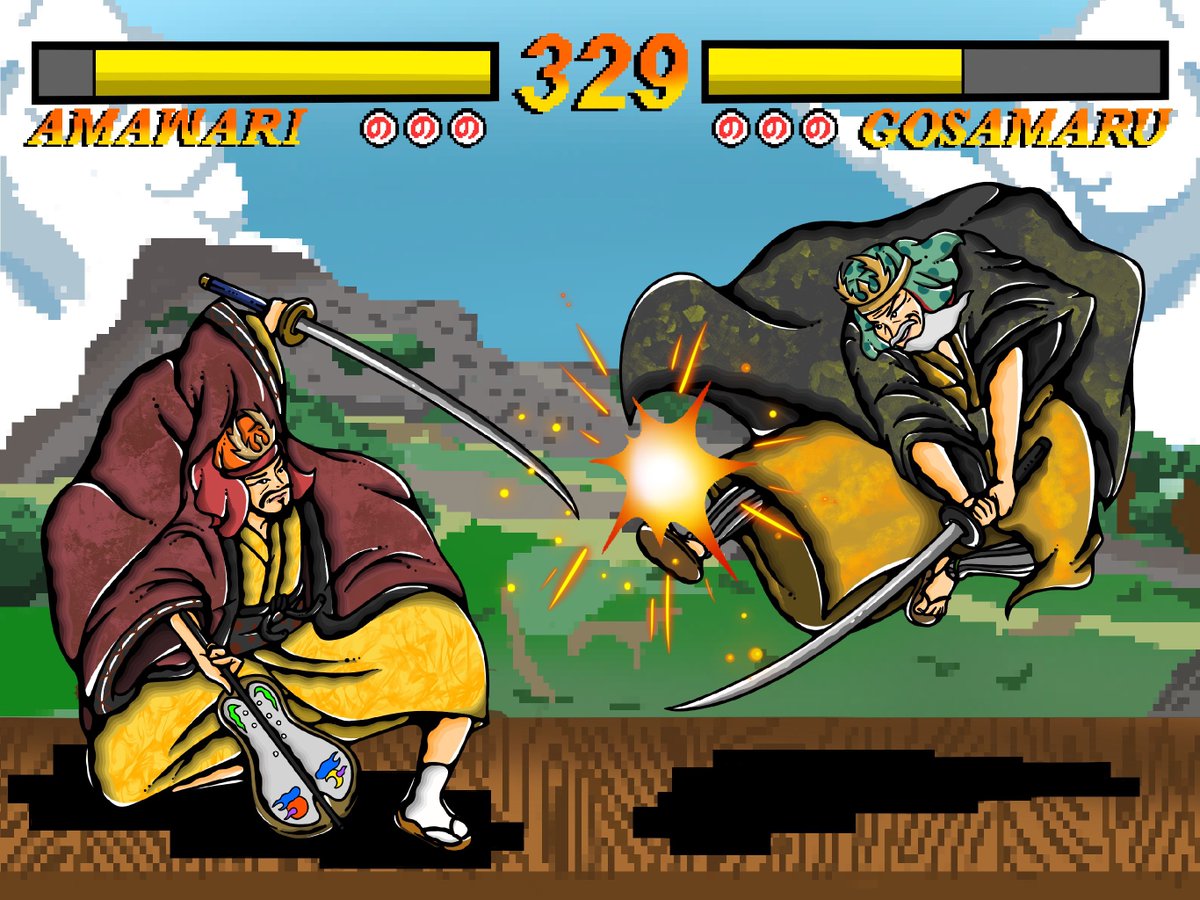 沖縄風格闘ゲーム描いてみました！

【阿麻和利vs護佐丸】
ステージ：勝連城跡

琉球王国時代に互いにライバルであった武将です🌼
うるま市出身なので描けてよかったです！

#うるま市
#阿麻和利
#護佐丸
#勝連城跡