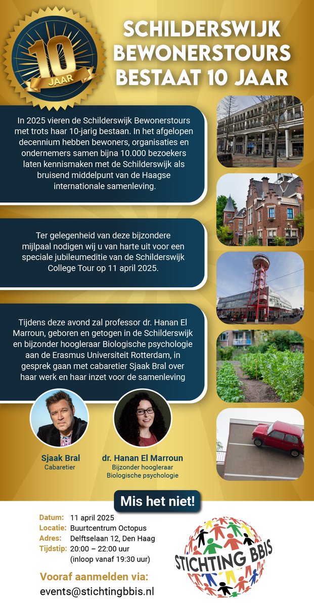 iiitai's tweet photo. De Schilderswijk Bewonerstours bestaan 10 jaar!

Op 11 april aanstaande vieren we deze mijlpaal met een speciale editie van de Schilderswijk College Tour.

Tijdens deze speciale jubileum editie gaat cabaretier @SjaakBral in gesprek met dr. Hanan El Marroun, hoogleraar Biologische Psychologie & geboren en getogen in de Schilderswijk, over haar werk en inzet voor de samenleving.

Mis het niet—aanmelden kan nog via

https://t.co/pTYBunPmUq