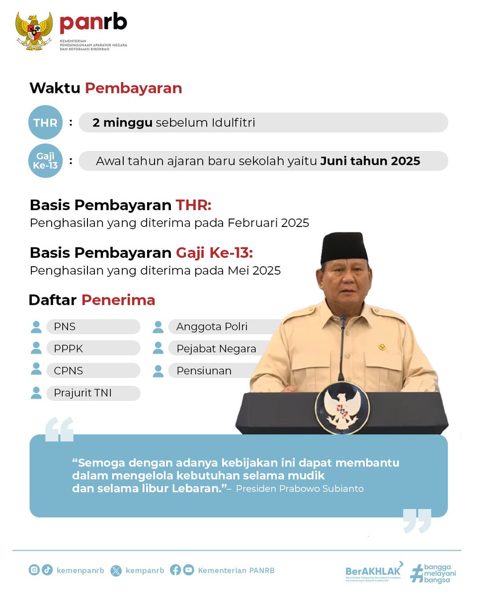 kempanrb's tweet photo. Pemberian THR dan Gaji ke-13 bagi Aparatur Negara telah diumumkan Presiden pekan lalu. Mulai awal pekan ini proses pembayaran THR akan dilakukan.

Apa saja komponen THR dan Gaji ke-13 yang akan diberikan? Siapa saja yang akan menerimanya? Temukan informasinya berikut ini! https://t.co/qvE9NzQ8Za