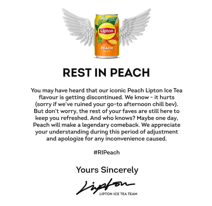 MarioNawfal's tweet photo. 🚨LIPTON KILLS OFF ICONIC ICE TEA PEACH FLAVOR—REST IN PEACH

It’s official—Lipton just axed its legendary Peach Ice Tea, sparking outrage from loyal fans.

Launched in 2004, Peach became the go-to chill drink—and now it’s gone as Lipton pivots to new kombucha flavors no one asked for.

The brand teased a possible comeback, but for now, RIPeach is trending as fans demand answers.

“This has to be a joke,” one user wrote—while others confessed they didn’t know Lipton had other flavors.

Classic corporate move—ditch what people love for the next health fad.

Source: Grocery Gazette