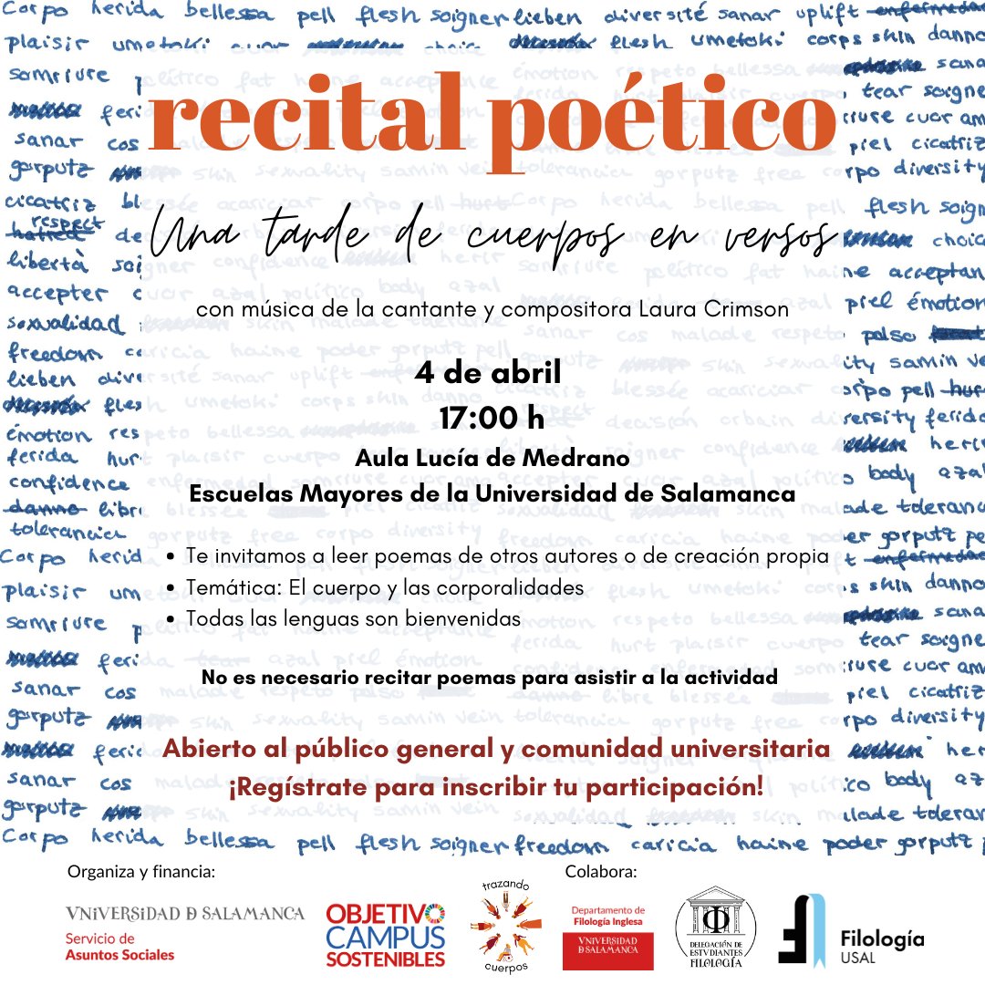 🎉 ¡Os invitamos a asistir y a participar en nuestra primera actividad del año, el recital poético «Una tarde de cuerpos en versos»! 🎤
✍️Abierto al público general.
✨No es necesario leer poemas para asistir.
⏩ Inscripciones y más información en trazandocuerpos.wordpress.com/recital-poetic…
