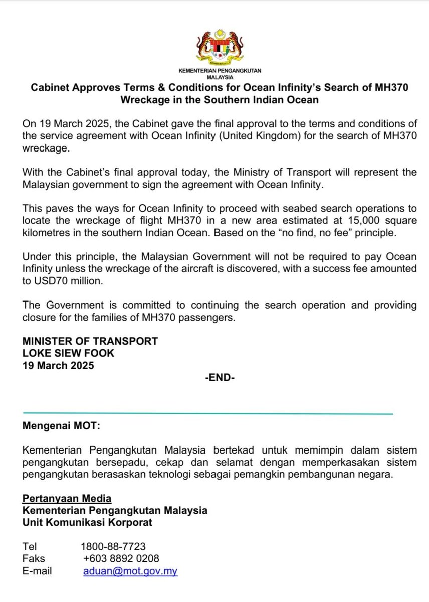 elizanow1's tweet photo. #MH370 Families Facebook Page have shared news we have all waited for!

Malaysia has finalised the contract with Ocean Infinity! 

Thank you to all! #SearchON
@cryfortruth 
@anthonyloke 
@Ocean__Infinity  

Link: 
https://t.co/2d4YCHofPM https://t.co/YDeiL20HKc