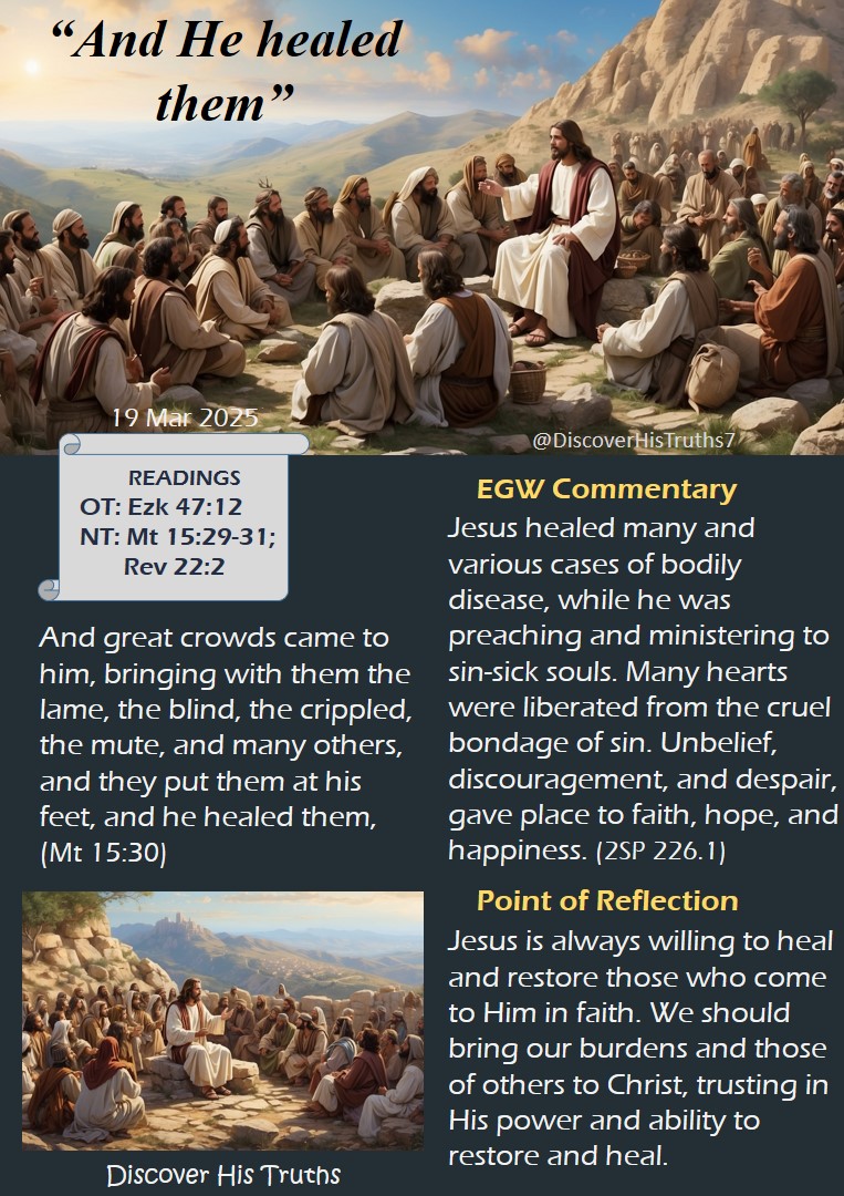 DscvrHisTrths7's tweet photo. #ScripturePortion
19 Mar 2025

Matthew 15:30  teaches us that Jesus welcomes all who come to Him in faith, bringing healing and restoration. This reminds us to trust in Christ’s compassion and to help others find healing and hope in Him.

Discover His Truths https://t.co/XkHyZTIWbX