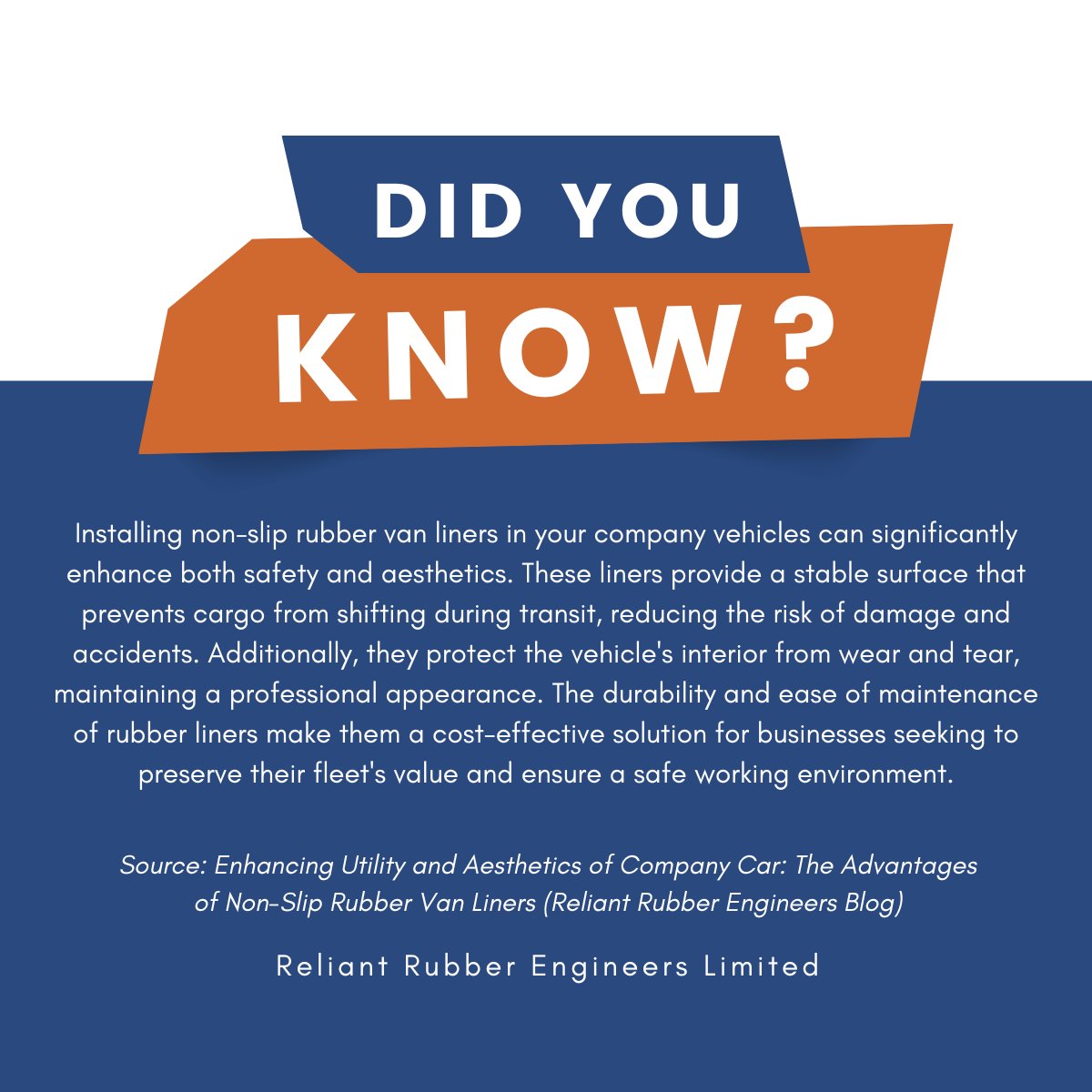 Did you know? 💡

Upgrade your van with our durable van liners! 🚐 Shop now on our website: reliantrubber.co.uk

#ProfessionalFleet #BusinessVehicles #VanUpgrades #CargoSafety #NonSlip #RubberLiners #VanProtection #ReliantRubber