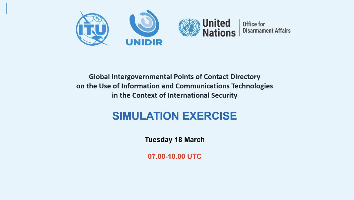 United Nations Institute for Disarmament Research (@unidir) on Twitter photo In partnership with <a href="/UN_Disarmament/">ODA</a> and <a href="/ITU/">Int’l Telecommunication Union</a>, we recently concluded the first-ever Global Points of Contact Directory simulation exercise for 130+ participants
This initiative strengthened collaboration between POCs to ensure rapid and coordinated responses to cyber incidents 🤝 In partnership with <a href="/UN_Disarmament/">ODA</a> and <a href="/ITU/">Int’l Telecommunication Union</a>, we recently concluded the first-ever Global Points of Contact Directory simulation exercise for 130+ participants
This initiative strengthened collaboration between POCs to ensure rapid and coordinated responses to cyber incidents 🤝