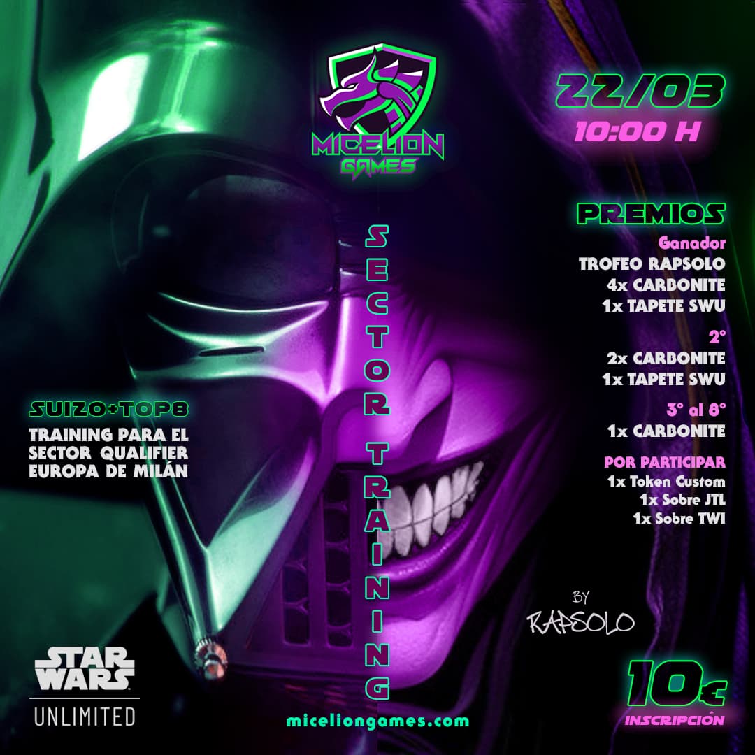 RapsoloM's tweet photo. Si juegas Star Wars Unlimited, tienes un torneo obligatorio este fin de semana en MicelionGames (Madrid).

Pilla tu plaza por 10 pavitos y nos vemos el sábado!