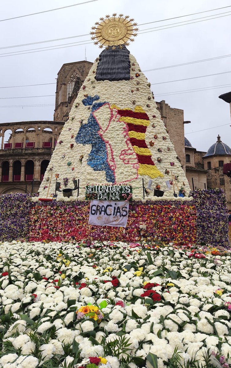 AjuntamentVLC's tweet photo. 💐👑Impressionant el treball dels Vestidors de la Mare de Déu! Tot i la pluja i gràcies als rams de flors de les falleres i fallers de #València, han fet un mantell de l'#Ofrena25 que enguany ret homenatge als voluntaris, víctimes i persones afectades per la #DANA💙❤️💛
#Falles25 https://t.co/e7z7coTeIj