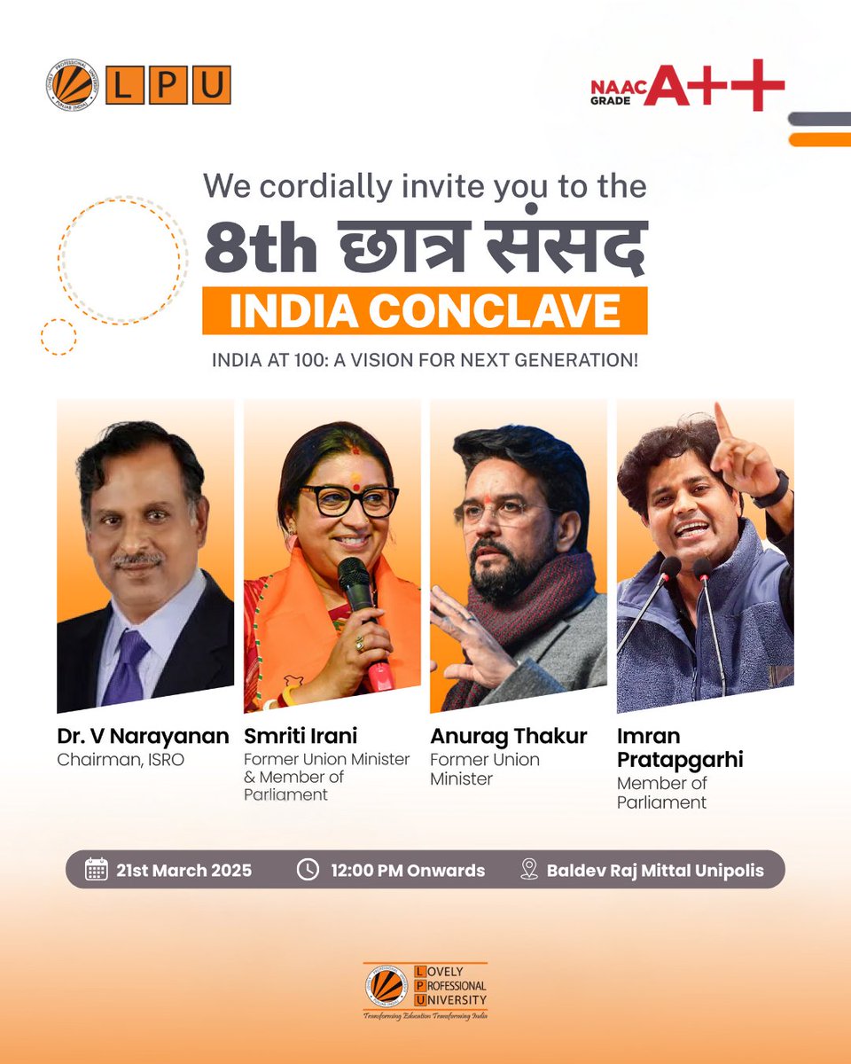LPUAHS's tweet photo. Get Ready for the 8th छात्र संसद | India Conclave 2025!
Join us at Lovely Professional University as we welcome visionary leaders shaping India's future!
#LPU #IndiaConclave #8thछात्रसंसद #VisionForIndia #FutureLeaders #Leadership #SmritiIrani #AnuragThakur #ImranPratapgarhi https://t.co/4izQbI3cSs
