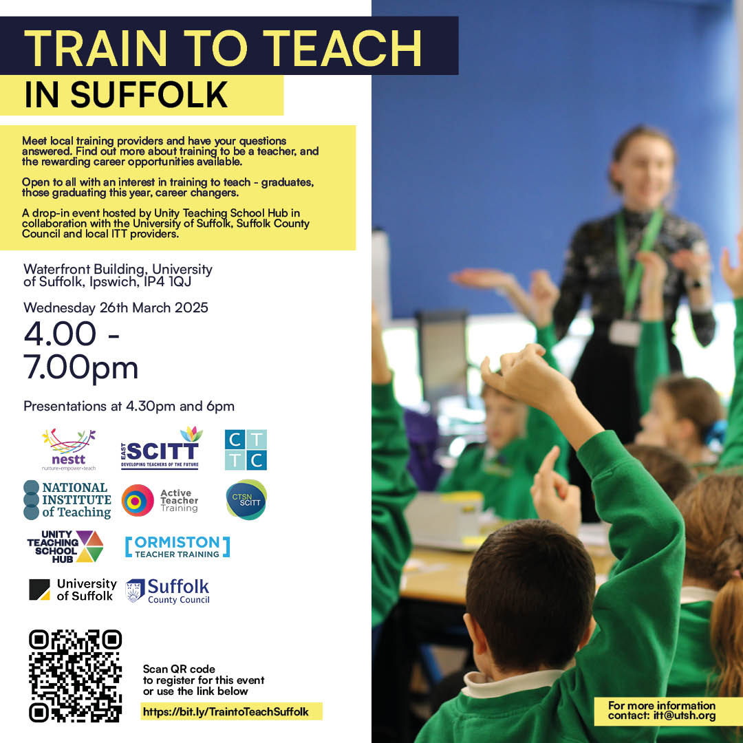 Ormiston Teacher Training (@ormistontt) on Twitter photo Come along to the ‘Train to Teach in Suffolk’ event...
And meet our <a href="/OTT_Suffolk/">Ormiston Teacher Training – Suffolk Campus</a> campus colleagues, who will be ready to answer all of your #teachertraining
questions!
At the University of Suffolk on Wednesday 26 March
4-7pm.
Register: bit.ly/3Ri6XfS or scan 👇 Come along to the ‘Train to Teach in Suffolk’ event...
And meet our <a href="/OTT_Suffolk/">Ormiston Teacher Training – Suffolk Campus</a> campus colleagues, who will be ready to answer all of your #teachertraining
questions!
At the University of Suffolk on Wednesday 26 March
4-7pm.
Register: bit.ly/3Ri6XfS or scan 👇
