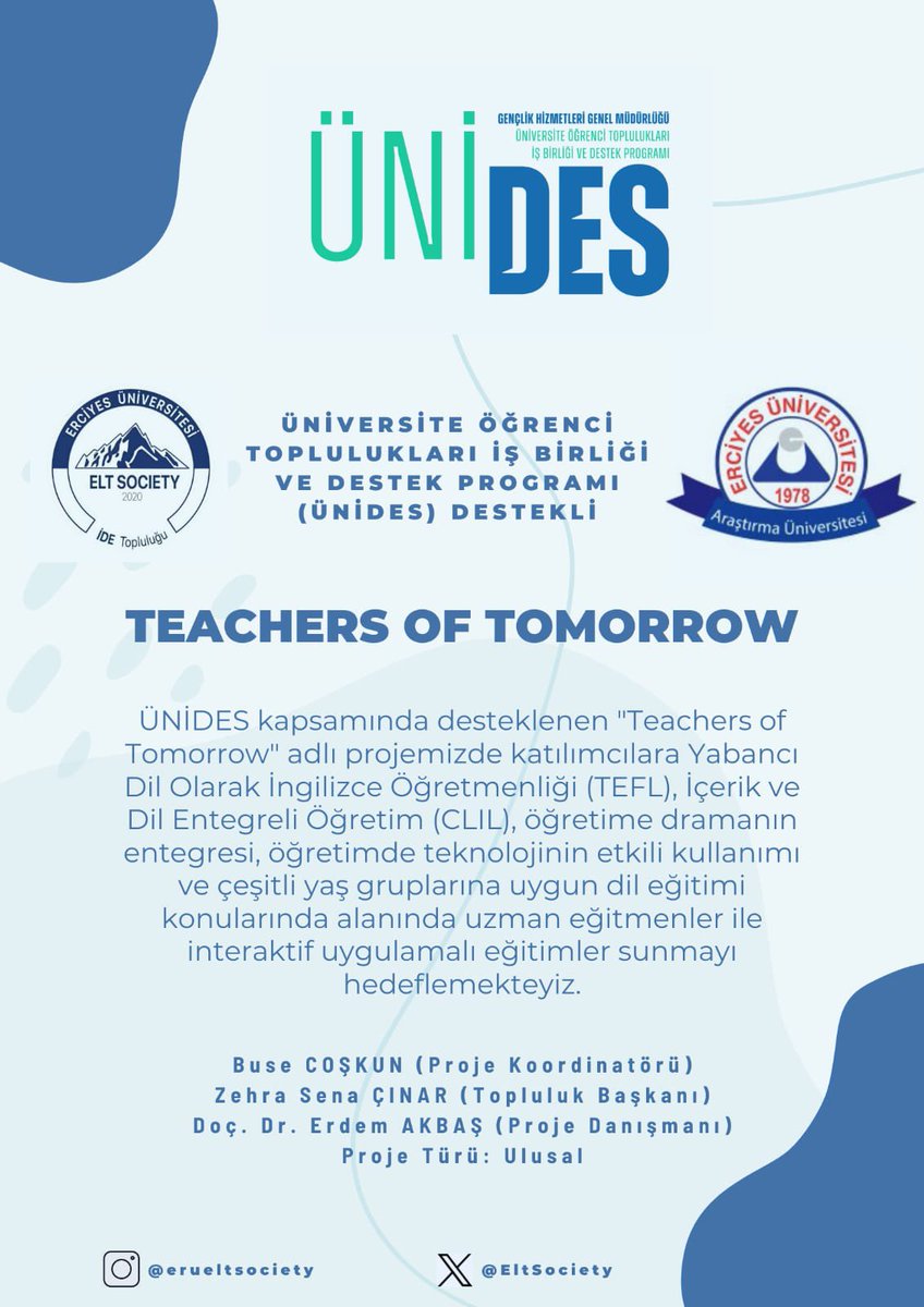 📢Get ready for an unforgettable experience with ERÜ ELT Society. We are thrilled to announce our second project supported by UNIDES. Stay tuned for more information! Details coming soon...