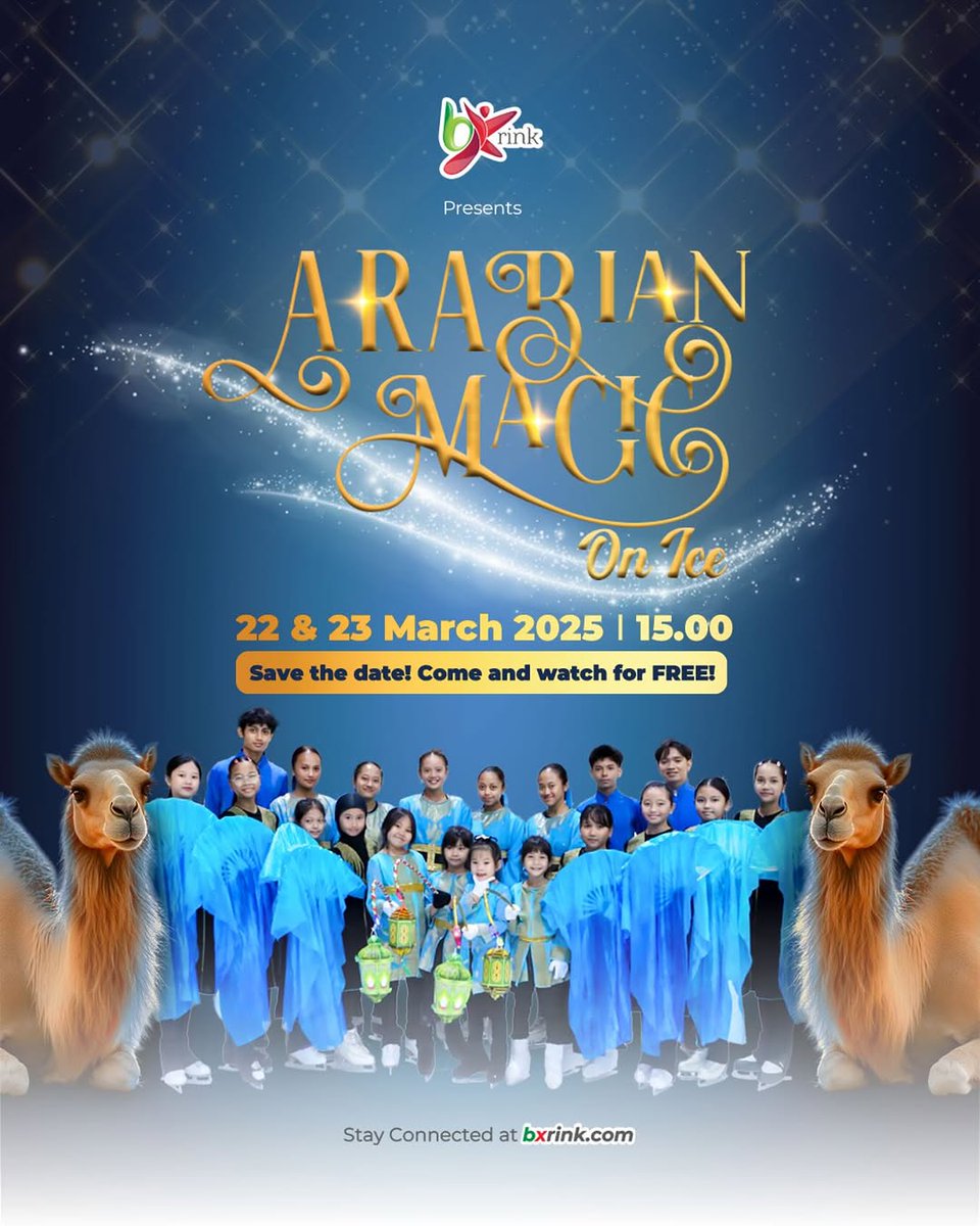 Celebrate the Spirit of Ramadhan on Ice! ✨🌙

Step into a world of wonder with #ArabianMagicOnIce! 🏜❄
Come and watch with us

📅 22 &amp; 23 March 2025
🕒 Showtime: 15:00

Mark your calendars and let the magic glide into your heart! 💫⛸🐪

#RamadhanOnIce #IceSkatingShow